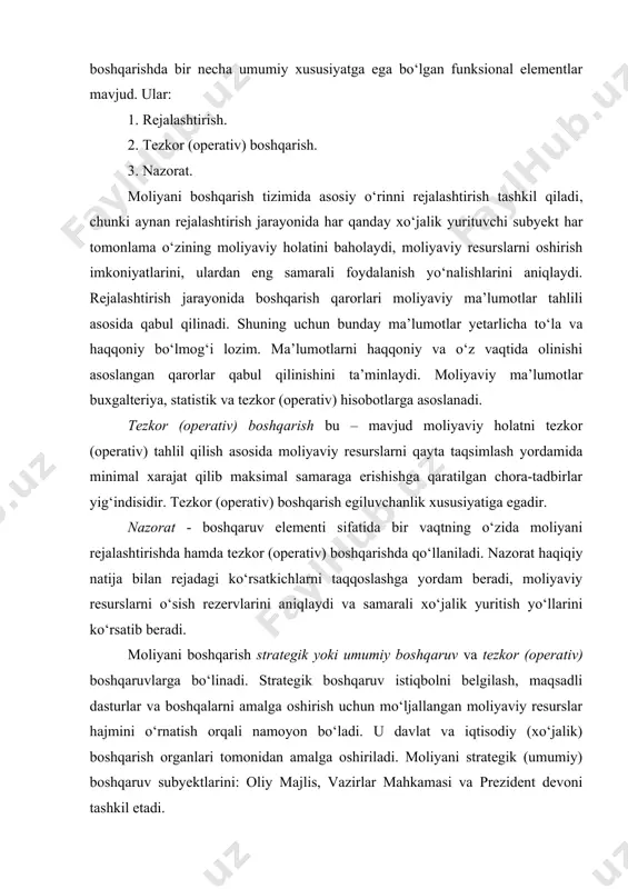 ng boshqaruv apparatlari, xo‘jalik subyektlarining moliya bo‘lim (xizmat) lari tashkil etadi. bozor iqtisodiyoti sharoitida moliyani boshqarishni ilmiy asoslangan holda, rivojlangan xorijiy mamlakatlarning tajribalarini o‘rgangan holda hamda respublikaning ichki xususiyatlarini hisobga olib tashkil qilinsa, maqsadga muvofiq bo‘ladi. xx asrning 2-yarimi jahon xo‘jaligida revolyutsion ham evolyutsion burilish davri bo‘ldi. natijada ilmiy texnik taraqqiyotning keskin avj olishi va jahon xo‘jaligi tovar ishlab chiqarishining keskin o‘sishi barcha sohalarda bo‘lganidek boshqaruvning ilmiy konsepsiyalarida ham taraqqiyotlar bo‘lishiga olib keldi. natijada zamonaviy moliyaviy menedjment konsepsiyasi mustaqil shakllana boshladiki, uning asosiy muammosi sifatida korxonalar moliyaviy munosabatlari, pul mablag‘larini aylanishining ichki va tashqi omillarini ta’siriga asoslangan holda samarali tashkil etish masalalarini o‘z ichiga ola boshladi. bozor iqtisodieti xo‘jalik subyektlari orqali ijtimoiy takror ishlab chiqarish jarayonida bozordagi talab va taklif, aniq ist’emolchilar talablari, ishlab chiqaruvchi uchun maksimal foyda olish imkoniyatini tug‘diruvchi mahsulot ishlab chiqarishni ko‘zda tutadi. 3. moliyaviy boshqarishning avtomatlashtirilgan tizimi iqtisodiyotda bozor munosabatlariga o‘tish jamiyat ijtimoiy-iqtisodiy hayotining barcha sohalariga …