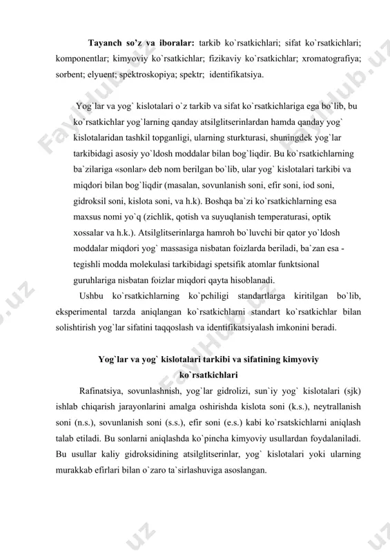 art ko`rsatkichlar bilan solishtirish yog`lar sifatini taqqoslash va identifikatsiyalash imkonini beradi. yog`lar va yog` kislotalari tarkibi va sifatining kimyoviy ko`rsatkichlari rafinatsiya, sovunlashnish, yog`lar gidrolizi, sun`iy yog` kislotalari (sjk) ishlab chiqarish jarayonlarini amalga oshirishda kislota soni (k.s.), neytrallanish soni (n.s.), sovunlanish soni (s.s.), efir soni (e.s.) kabi ko`rsatskichlarni aniqlash talab etiladi. bu sonlarni aniqlashda ko`pincha kimyoviy usullardan foydalaniladi. bu usullar kaliy gidroksidining atsilglitserinlar, yog` kislotalari yoki ularning murakkab efirlari bilan o`zaro ta`sirlashuviga asoslangan. kislota soni - yog`dagi erkin kislotalarni xarakterlaydi. bu ko`rsatkichdan, masalan, rafinatsiyalashda qo`llash lozim bo`lgan ishqor miqdorini hisoblashda foydlaniladi. neytrallanish soni – yog`lardan yoki sun`iy kislotalari (sjk)dan ajratib olingan yog` kislotaslarini xarakterlovchi ko`rsatkich. sovunlanish soni – yog`larni identifikatsiyalashda qo`llaniladigan va sovunlashda zarur bo`lgan ishqor miqdorini hisoblash uchun kerakli ko`rsatkich. efir soni - sovunlanish soni va kislota soni ayirmasi asosida hisoblanadi: ec=cc-kc masalan, gidrogenizatsiya kabi texnologik jarayonlarni amalga oshirish uchun yog`lar va yog` kislotalarining to`yinmaganlik (to`yinganlik) darajasini bilish talab etiladi. …