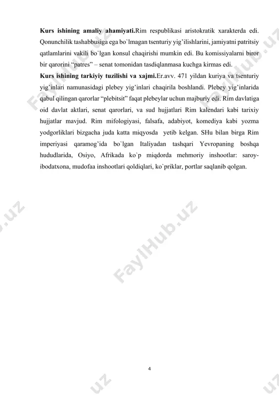 komissiyalarida edillar, kvetsorlar va plebey tribunlari saylanar edi. [1: утченко с. л. политические учения древнего рима. – м., 1977.] rim xalq yig’inlarini demokratik mohiyati va ularning keng vakolatiga qaramay eng demokratik tribut komissiyalari ham aristokratiya qo`lida qurol bo`ldi. xalq yig’ini faqat senatda muhokama qilingan magistratlar kiritgan masalalarnigina muhokama qilar edi. komissiyalar qonunchilik tashabbusi huquqiga ega emas edi. rim davlat hayotida 300 ahzodan tashkil topgan senat muhim o`rinnni egallagan edi. u hukumat vazifasini amalga oshirdi. miloddan avvalgi 287-yilgacha har qanday qonun loyihasi senatda muhokama qilinganidan keyingina xalq yig’ini muhokamasiga olib chiqilar edi. xalq yig’inida qabul qilingan qonun faqat senat tasdiqlaganidan keyingina qonun kuchiga kirar edi. shunday qilib senat o`ziga kerakli yo`nalishda xalq yig’ini faoliyatiga rahbarlik va nazorat qilar edi. senat tashqi siyosatga rahbarlik qilib, davlat moliyasini egasi edi. mansabga saylangan magistratlar o`z faoliyati uchun senat oldida hisobot berar edilar, shu bilan senatning irodasiga tobe edilar. miloddan avvalgi iv asrdan vakolatlari muddati …