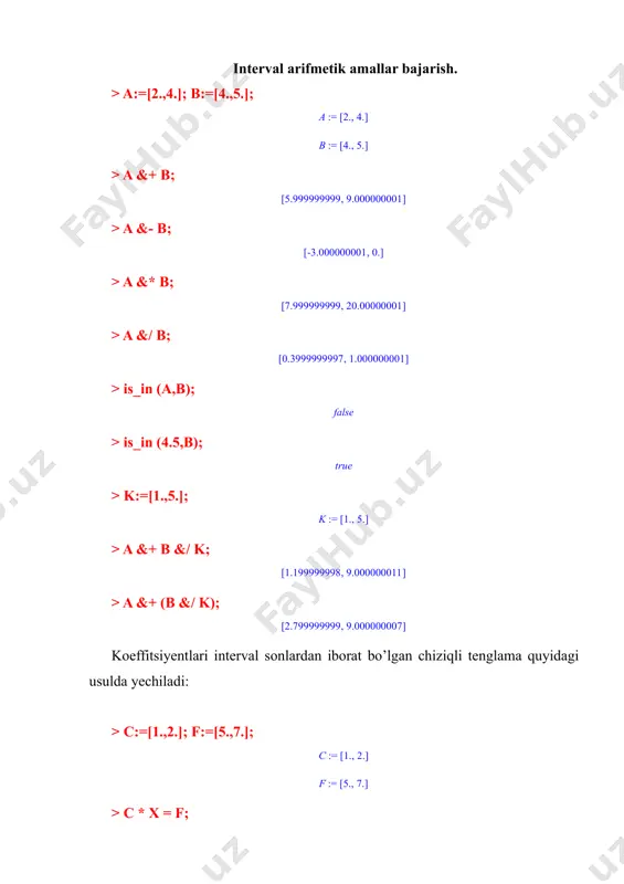 .]; b:=[3.,6.]; c:=[4.,7.]; a * x^2 + b * x + c =0; > disc:=(b &**2) &- ([4.,4.] &* a &* c); positiveint:=[0., infinity]; nepositiveint:=[-infinity,0.]; > if is_in(disc, positiveint) then x1:=(([-1.,-1.] &* b) &+ ((disc) &**(1/2))) &/ (2 &* a); x2:=(([-1.,-1.] &* b) &- ((disc) &**(1/2))) &/ (2 &* a); elif (is_in(disc, nepositiveint)) then print("yechimga ega emas"); else x1:=(([-1.,-1.] &* b) &/ ([2.,2.] &* a)); end if; foydalanilgan adabiyotlar: 1. матросов а. решения задачи математики и механики системе мaple-6 . санкт-петергбург . 2000 2. савотченко с.е., кузьмичева т.г. методы решения мате-матических задач в maple. : учебное пособие - белгород: изд. белаудит, 2001. - 116 с 3. алексеев е.р., чеснокова о.в. решение задач вычислитель-ной математики в пакетах mathcad12, mathlab 7, maple 9. 2007 4. очков в.ф. "советы пользователям mathcad". (второй выпуск, советы 100-...) 5. mathcad 2001 - что нового. компьютерпресс, 4'2001 6. гандмахер р. теория матриц. м.: наука, 1985.