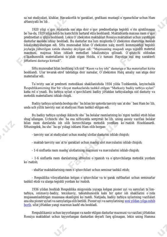 asosiy maqsadi rassomlar tayyorlash bo`lsa-da umumiy o`rta ta`lim maktablari uchun o`qituvchilar tayyorlash borasida ham ma`lum rol o`ynadi. shu bilan birga ta`lim tizimida estetik va badiiy ta`lim masalalariga ham e`tibor qaratila boshlandi. 1918 yilda umumiy ta`lim maktablari uchun ishlab chiqilgan “osnovno`e prinsipo` ediniy trudovoy shkolo`” nomli asosiy hujjatda “estetik ta`lim deganda qandaydir sodda bolalar san`atini o`qitilishini tushunmaslik lozim, u xissiyot organlari va ijodiy qobiliyatlarni muntazam rivojlantirib boradi va u go`zallikdan zavqlanish va ularni yaratuvchanlik imkoniyatlarini kengaytiradi. bu elementdan mahrum qilingan mehnat va ilmiy ta`lim jonsiz gavdaga o`xshab qoladi. chunki hayotdagi zavq va ijod quvonchi mehnatning ham, ilmning ham yakuniy maqsadidir” deb yozilgan edi. bu hujjat o`zbekiston maktablari uchun ham asos qilib olindi. bolalar ijodi bilan shug`ullanayotgan ko`pchilik rassomlar bolalar ijodini ideallashtirdilar va evropada keng tus olgan “erkin ijod” deb ataluvchi tushukunlikka yuz tutgan nazariyadan kelib chiqqan qarashlarni yoqladilar. bu yo`nalishdagi mutaxassislar pedagog faqat bola ijodini erkin rivojlantirishi va malakasini oshirishga yordam …
