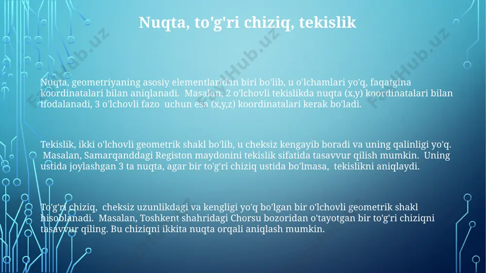 ir xonali kvartiraning polining geometrik shakli sifatida tasvirlanishi mumkin. to'g'ri to'rtburchak va kvadratning ikkalasi ham to'rtburchak bo'lib, 90° burchaklarga ega, ammo kvadratning barcha tomonlari teng, to'g'ri to'rtburchakda esa faqat qarama-qarshi tomonlari teng bo'ladi, bu 2 ta turli geometrik shakl ekanligini ko'rsatadi. geometrik qurilishlar uchburchak tengsizlik teoremasi, uchburchakning istalgan ikki tomonining yig'indisi uchinchi tomonidan uzunroq ekanligini ko'rsatadi, bu geometrik qurilishlarda 3 ta tomon uzunligi bilan uchburchakni chizish mumkin yoki mumkin emasligini aniqlashda muhim ahamiyatga ega. evklid geometriyasi 2000 yildan ortiq vaqt davomida geometriyaning asosiy tizimi bo'lib, uning postulatlari va teoremalari dunyoning turli burchaklaridagi, xususan, qadimgi yunoniston va misr kabi mintaqalardagi matematiklar tomonidan isbotlangan. evklid geometriyasida, masalan, 5 ta nuqta berilgan bo'lsa, ulardan 10 ta turli segment tuzish mumkin, bularning har biri uzunligini o'lchash va nisbatlarini hisoblash orqali geometrik shakllarni yaratish uchun ishlatilishi mumkin. evklid geometriyasi tarixi evklid geometriyasi miloddan avvalgi 300 yillarda qadimgi yunonistonda, aleksandrlik evklid tomonidan yozilgan "elementlar" nomli asarida …