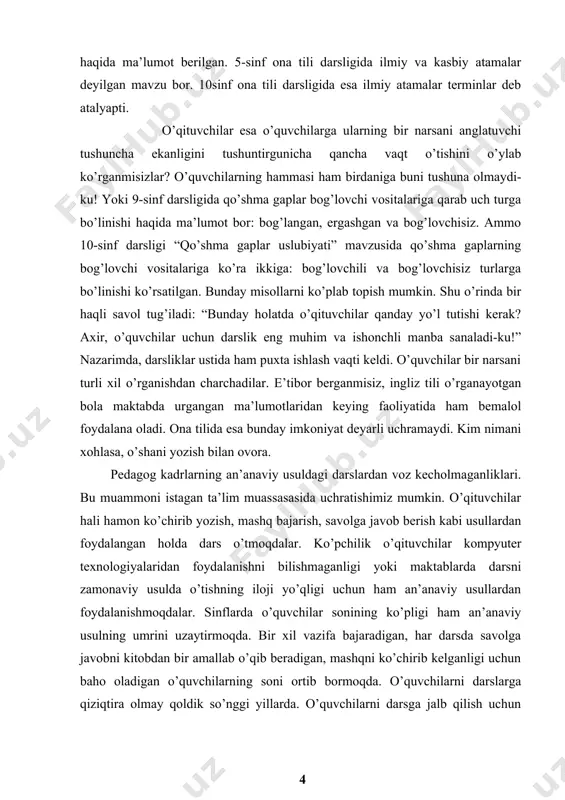 yillarda. o’quvchilarni darsga jalb qilish uchun ham zamonaviy pedtexnologiyalardan foydalanishimiz kerakligi bugungi kun ta’lim tizimimizning asosiy vazifalaridan biri sanaladi. kurs ishining maqsadi: ta’lim bosqichlarida gap va uning turlarini nutqiy vaziyatlar orqali o‘rgatish usullari. ona tili darslarida gap va uning turlarini o‘rgatishda innovatsion texnologiyalardan foydalanish orqali darslarni tashkil etish kurs ishining vazifalari: --- boshlang`ich sinf ona tii darslarida qo`llanadigan metodlarni o‘rganish; --- “ona tili” darsliklarida berilgan ”gap” mavzularining mazmun-mohiyatini ko`rsatish; --- ”gap” mavzusini o`rgatishning ilmiy-metodik asoslarini yoritish; --- “gap” mavzusini o`rganish darslarini yangi pedagogik texnologiyalar asosida tashkil etish; kurs ishining obyekti: “ona tili” darsliklarida berilgan ”gap” mavzusiga oid mavzularni o`rgatish orqali o`quvchilarni ijodiy fikrlashga o`rgatish hisoblanadi. kurs ishining metodlari: analiz va sintez, taqqoslash va umumlashtirish, pedagogik kuzatish va mavzuga doir mavjud adabiyotlarni tashkil qilish. kurs ishining tarkibiy tuzulishi: kurs ishi kirish, 2 bob, 4 band, tajriba-sinov ishlari va namunalari, xulosa va adabiyotlar ro'xatidan iborat. i bob. gap va uning turlarini o‘rgatishning …