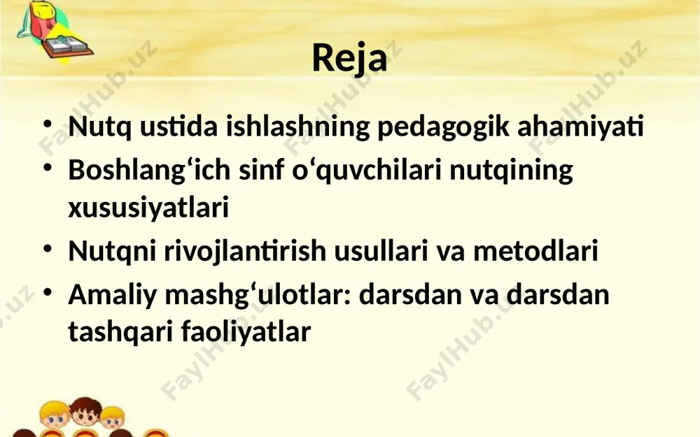 lantirishga qaratilgan faoliyatdir. ular orqali bilimlar chuqurlashtiriladi, mustaqil fikrlash va ijodkorlik rivojlanadi. 2. dars jarayonida o‘tkaziladigan amaliy mashg‘ulotlar turlari dars jarayonida amaliy mashg‘ulotlar laboratoriya ishlari, eksperimentlar, treninglar, muammoli vaziyatlar yechimi orqali olib boriladi. har bir fan o‘ziga xos amaliy usullarga ega. 3. darsdan tashqari faoliyat shakllari va ularning ahamiyati darsdan tashqari faoliyatlar – to‘garaklar, tanlovlar, ekskursiyalar, sport musobaqalari, ijodiy loyihalar orqali tashkil etiladi. bu faoliyatlar o‘quvchilarning iqtidorini rivojlantirishga xizmat qiladi. 4. amaliy mashg‘ulotlar va darsdan tashqari ishlar o‘rtasidagi uzviylik dars va darsdan tashqari mashg‘ulotlar bir-birini to‘ldiradi. darsda o‘rganilgan bilimlar to‘garaklarda chuqurlashtiriladi, amaliy ishlar orqali mustahkamlanadi. bu uzviylik ta’lim samaradorligini oshiradi. xulosa boshlang‘ich sinf o‘quvchilarining ma’naviy-estetik dunyosini boyitishda lirik asarlarning o‘rni beqiyosdir. she’rlar orqali bolalar go‘zallikni ko‘ra olish, his qilish, qadrlash, shuningdek, insoniylik, mehr-oqibat, tabiatga mehr, vatanparvarlik kabi tuyg‘ularni anglab yetishadi. lirik asarlarning musiqiyligi va hissiyotlarga boy bo‘lishi bolalarda badiiy-estetik didni shakllantiradi. foydalanilgan adabiyotlar xasanboyeva u., yo‘ldosheva d. – ona tili …