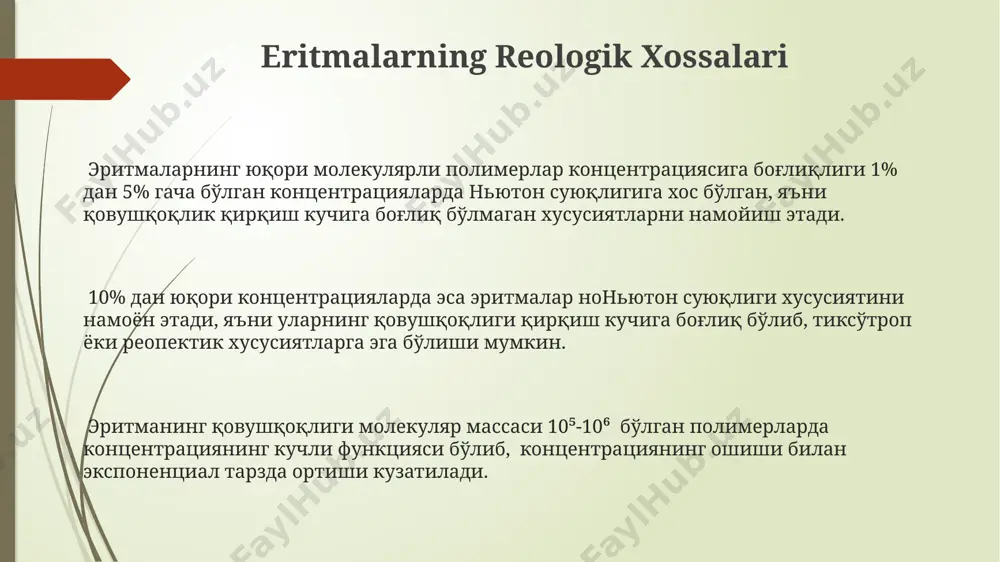 ida kichik molekulalar (suv, metanol) ajralib chiqadi va bu ularning xossalarini belgilaydi, 100 dan ortiq monomer birlashishi mumkin. yuqori molekulyar birikmalar tabiatiga ko'ra tabiiy (sellüloza, oqsillar, kauchuk), sun'iy (atsetat ipak, viskoza) va sintetik (polivinilxlorid, polietilen, polipropilen) turlarga bo'linadi, ularning molekulyar massalari 10⁴ dan 10⁶ gacha o'zgaradi. polimerlarning asosiy zanjir tuzilishiga ko'ra chiziqli, tarmoqlangan va fazoviy tuzilmalarga ega bo'ladi. masalan, polietilenning chiziqli tuzilishi yuqori zichlik va mustahkamlikni, tarmoqlangan tuzilishi esa past zichlik va egiluvchanlikni ta'minlaydi. e'tiboringiz uchun rahmat @taqdimot_robot