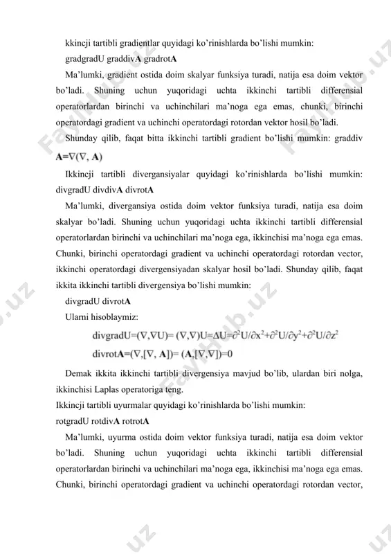 an biri nolga teng. shunday qilib, beshta ikkinchi tartibli differensial operatotlar mavjud bo’lib, ulardan ikkitasi nolga teng , uchtasining ifodasi yuqorida keltirildi. egri chiziqli ortogonal koordinatalar ma’lumki, fizikada asosan to’g’ri burchakli dekart koordinatalar sistemasi (x, y, z) bilan ish ko’riladi. lekin ba’zi masalarni yechishda dekart koordinatalari sistemasi o’rniga boshqa egri chiziqli koordinatalardan foydalanish qulayroq bo’ladi. masalan, sharsimon sirtlarda harakatlanayotgan moddiy nuqta harakatini dekart koordinatalari o’rniga sferik koordinatalarda o’rganish, trubasimon sirtlarda harakatlanayotgan moddiy nuqta harakatini silindrik koordinatalar sistemasida o’rganish ancha qulay bo’ladi. egri chiziqli koordinatalar umumiy holda q1, q2, q3 bilan, bu koordinatalardagi birlik vektorlar (ortlar) e1, e2, e3 bilan belgilanadi va ortogonal koordinatalar deyiladi. bu koordinatalarning har biri dekart koordinatalariga bog’liq: q1= q1(x, y, z), q2= q2(x, y, z), q3= q3(x, y, z). ortogonal koordinatalardan dekart koordinatalariga va aksincha o’tish uchun lame koffisiyentlaridan foydalaniladi: ortogonal egri chiziqli koordinatalarda uzunlik elementlari yuza elementlari xajm elementi , radius vektor elementi masalan, silindrik …