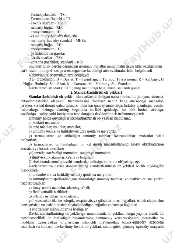 o`rash-joylash, tashish va saqlash, ishlatish va ta’mirlashga oid ko‘rsatmalar, tayyorlovchi kafolatlari va boshqa talablarni belgilaydi. 2. texnik shartlar standarti. muayyan mahsulot uchun har tomonlama talablarni, shu jumladan, ishlatish xususiyatlari, butlash, qabul qilish, nazorat uslublari, tamg‘alash, tashish, saqlash talablari, ishlatish va ta’mirlash, ishlab chiqaruvchi kafolatlariga ko‘rsatmalarni: ishlab chiqarish, yetkazib berish, ishlatish va ta’mirlashni ta’minlashni belgilaydi. 3. atamalar va ta’riflar standarti. fan, texnika, sanoat, qishloq xo‘jaligi, qurilish, transport, madaniyat, sog‘liqni saqlash va iqtisodiyotning boshqa sohalarida ko‘p qo‘llaniladigan atamalar va ularning ta’riflarini belgilaydi. 4. nazorat (sipovlar, o‘lchovlar tahlili, ta’riflar) uslublari standarti sinovlar uchun namunalar tanlash tartibini, mahsulot sifati ko‘rsatkichlarini baholash birligini ta’minlash maqsadida bu mahsulotning iste’mol (ishlatish) xususiyatlarini nazorat qilish uslublarini belgilaydi. tamg‘alash (markirovka) standarti iste’molchilarni mahsulotning asosiy xususiyatlaridan xabardor qilish uchun tamg‘alashning yagona (umumiy) talablarini belgilaydi. o‘rash-joylash standarti, texnik estetikani hisobga olgan holda mahsulot xususiyatini saqlash maqsadidagi o‘rash-joylashga qo‘yiladigan yagona (umumiy) talablarni belgilaydi. tashish standarti mahsulotni tashishda uning xususiyatlarini saqlashni ta’minlovchi yagona …