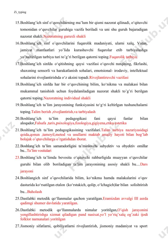an avvalgi iii asrda qadimgi shumer davlatida yaratilgan. 26. dastlabki metodik qo‘llanmalarda nimalar yoritilgan,o’qish jarayonini yengillashtirishga xizmat qiladigan pand nasixat,yo’l yo’riq’xalq og’zaki ijodi folklor namunalari yoritilgan 27. jismoniy sifatlarni, qobiliyatlarni rivojlantirish, jismoniy madaniyat va sport sohasiga taalluqli maxsus bilimlarni o‘zlashtirishdan iborat.bu qaysi tarbiya turidir,,jismoniy tarbiay 28. ma’lum bir shaxsning vazifa va majburiyatlarini bajarishdagi ruhiy holati, xatti- harakatlar mohiyatini ochib berishga qaratilgan o‘yin - bu...rolli.....o’yin 29. ma’lum fan doirasida qo‘llanilishi mumkin va qulay bo‘lgan texnologiyalarni o‘z ichiga oladigan texnologiya bu.xususiy pedagogik texnologiyalar. 30. ma’naviy qadriyatlar deganda nimani tushunasiz.muayyan millatga tegishli bo’lgan barcha axloqiy,diniy,huquqiy siyosiy,ma’naviy meros. 31. ma’ruza ma`nosi qanday va qaysi so`zdan olingan.arabcha, leksiya lot lectico o’qish o’quv materiali biror masala mavzu kabilarning izchil malum bir tizimga solingan bayonidir 32. mehnat, aqliy,axloqiy, nafosat va iqtisodiy tarbiyalar bu...tarbiya turlari 33. muammoli ta’limni amalga oshirish bosqichlari.muammoli vaziyat hosil qilish,yechish,taxminlarni shakillantirish,yechimning to’g’riligini tekshirish. 34. muammoli ta'limning uchinchi darajasi qanday aniqlanadi.muammoli vaziyat tashkil etialadi va …