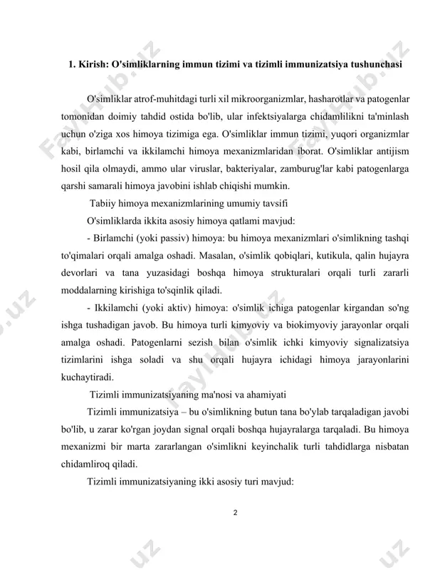 avsifi o'simliklarda ikkita asosiy himoya qatlami mavjud: - birlamchi (yoki passiv) himoya: bu himoya mexanizmlari o'simlikning tashqi to'qimalari orqali amalga oshadi. masalan, o'simlik qobiqlari, kutikula, qalin hujayra devorlari va tana yuzasidagi boshqa himoya strukturalari orqali turli zararli moddalarning kirishiga to'sqinlik qiladi. - ikkilamchi (yoki aktiv) himoya: o'simlik ichiga patogenlar kirgandan so'ng ishga tushadigan javob. bu himoya turli kimyoviy va biokimyoviy jarayonlar orqali amalga oshadi. patogenlarni sezish bilan o'simlik ichki kimyoviy signalizatsiya tizimlarini ishga soladi va shu orqali hujayra ichidagi himoya jarayonlarini kuchaytiradi. tizimli immunizatsiyaning ma'nosi va ahamiyati tizimli immunizatsiya – bu o'simlikning butun tana bo'ylab tarqaladigan javobi bo'lib, u zarar ko'rgan joydan signal orqali boshqa hujayralarga tarqaladi. bu himoya mexanizmi bir marta zararlangan o'simlikni keyinchalik turli tahdidlarga nisbatan chidamliroq qiladi. tizimli immunizatsiyaning ikki asosiy turi mavjud: 1. induktsiyalangan tizimli qarshilik (induced systemic resistance, isr): o'simliklarda ba'zi foydali bakteriyalar va zamburug'lar (masalan, rizobakteriyalar) orqali faollashadi. isr patogenlarga qarshi maxsus himoya mexanizmlarini …