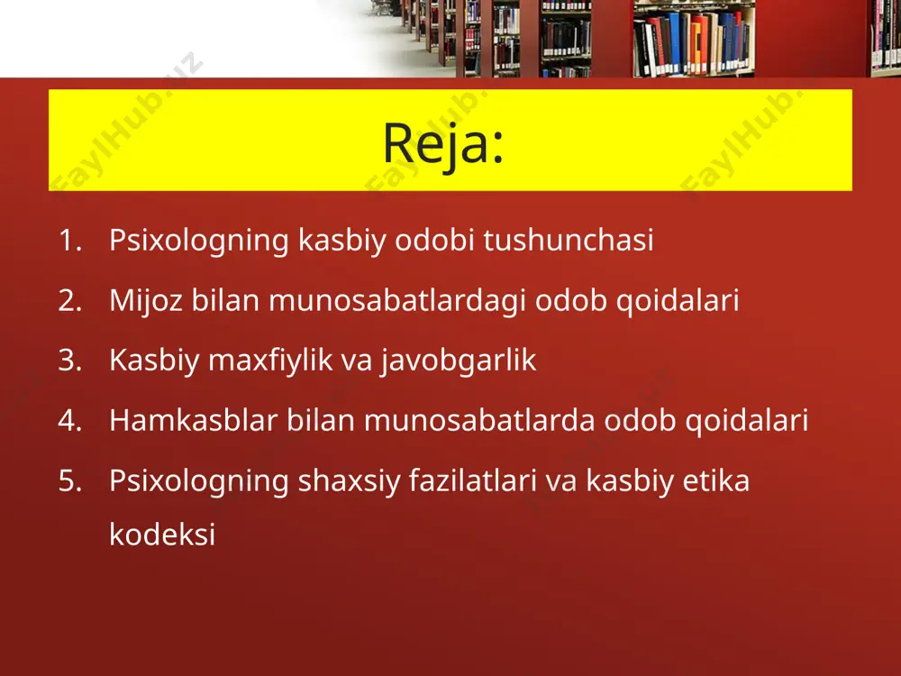 i yaxshilashda asosiy vosita bo‘lib xizmat qiladi. kasbiy maxfiylik va javobgarlik psixologning eng muhim odob-axloq qoidalaridan biri – bu maxfiylikka qat’iy rioya qilishdir. mijoz haqida olingan barcha ma’lumotlar faqat psixologik yordam ko‘rsatish uchun ishlatiladi va hech qachon uchinchi shaxslarga oshkor etilmaydi. maxfiylik – mijozning ishonchini mustahkamlovchi asosiy mezondir. shu bilan birga, psixolog o‘z faoliyatida javobgarlikni ham his qilishi kerak. agar noto‘g‘ri maslahat yoki yondashuv mijozga zarar yetkazsa, psixolog bunga befarq bo‘la olmaydi. shuning uchun u kasbiy javobgarlikni chuqur anglab, bilim va malakasini doimo rivojlantirib borishi lozim. maxfiylik va javobgarlik birgalikda psixologik faoliyatning poydevorini tashkil etadi. hamkasblar bilan munosabatlarda odob qoidalari psixolog faqat mijozlar bilan emas, balki hamkasblari bilan ham kasbiy odobga amal qilishi kerak. u boshqa mutaxassislarning ishini hurmat qilishi, ularning tajribasidan o‘rganishi va hamkorlikka ochiq bo‘lishi lozim. hamkasblar orasida raqobat bo‘lishi tabiiy, ammo bu salbiy shaklga aylanmasligi kerak. psixolog hech qachon boshqa mutaxassisning obro‘siga putur yetkazmasligi, balki jamoaviy manfaatlarni …
