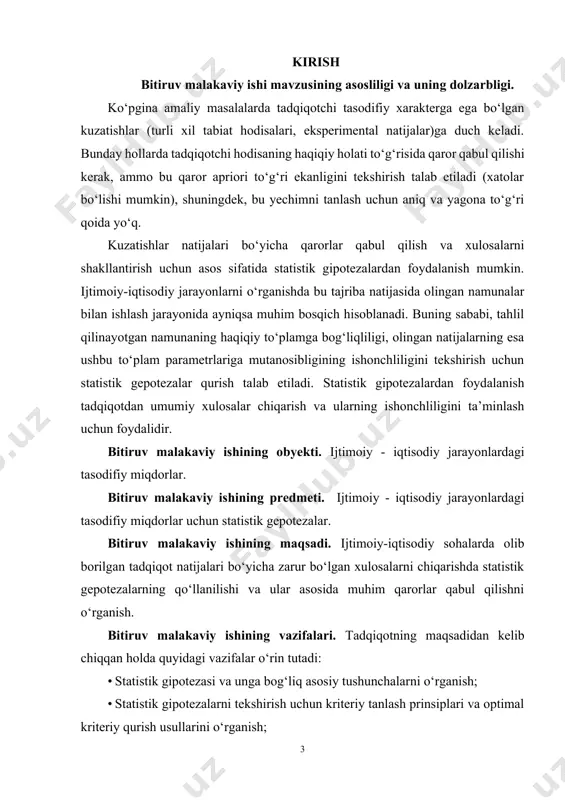 anishlar olib borgan. statistik gipotezalar uchun bir nechta kitoblar bag‘ishlangan. xususan, agisheva darya konstantinovna boshchiligidagi “математическая статистика” nomli kitobda statistik gipotezalarning xossalari va ularning amaliyotga tatbiqlari o‘rganilgan. bitiruv malakaviy ishining nazariy va amaliy ahamiyati. ushbu bitiruv malakaviy ishining mavzusi bo‘yicha matematik olimlar tomonidan olingan asosiy natijalarni matematik statistikada, iqtisodiy va ijtimoiy, tabiiy va texnik fanlarda keng ko‘lamli tadbiq qilish mumkin. shu bilan birga shu sohalarda olib borilayotgan tadqiqot ishlarida keng foydalanish mumkin. bitiruv malakaviy ishi tuzilishining qisqacha tavsifi. ushbu bitiruv malakaviy ishi ijtimoiy - iqtisodiy sohalarda statistik gepotezalarning qo‘llanilishini o‘rganishga bag‘ishlangan bo‘lib, u kirish, ikkita bob, oltita paragraf, xulosa va foydalanilgan adabiyotlar ro`yxatidan iborat. bitiruv malakaviy ishining birinchi bobi statistik gipotezasi va unga bog‘liq asosiy tushunchalarga bag‘ishlangan bo‘lib, u uchta paragrafdan iborat, statistik gipoteza, statistik gipotezalarni tekshirish uchun kriteriy tanlash prinsiplari va optimal kriteriy qurish usullari haqida boshlang`ich tushunchalar keltirilgan. bitiruv malakaviy ishining ikkinchi bobi ijtimoiy - iqtisodiy sohalarda statistik …