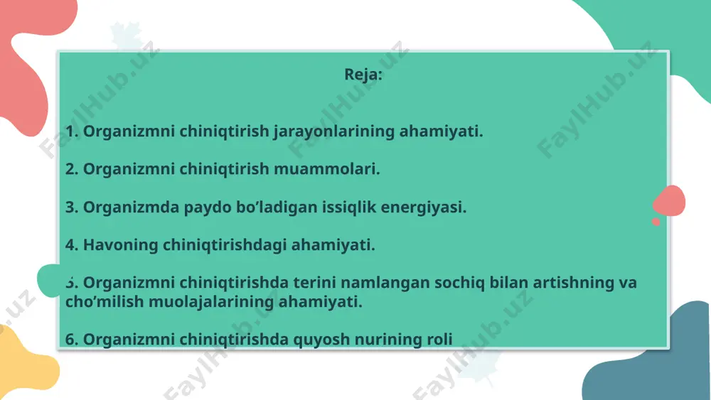 y qo’ymaydi. jumladan, kimyoviy moddalar, fizik jarayonlar, biologik omillar va qolaversa, ijtimoiy omillar ta’siri ham oz emas. shuni aytish zarurki, inson organizmiga ta’sir etuvchi mehnat jarayonlari katta rol o’ynaydi. inson hayotida mehnat bo’lmasa, inson bilan tabiat o’rtasidagi modda almashinish jarayonlari bo’lmas edi, bu mehnat asosiy shartlaridan biridir. agar mehnat jarayoni bo’lmasa, insonning hayotiy jarayoni ham bo’lishi mumkin emasligini olimlar allaqachonlar isbotlab berishgan. mehnat, bu sog’lom tananing ajralmas extiyojidir. agar biz tarixiy-ilmiy adabiyotlarga e’tibor bersak, statistik faktlar shuni ko’rsatadiki, hamma umri boqiylar mehnatsevar insonlardir. inson, mehnatsevar bo’lsa, bor kuchini yangiliklar yaratishga sarflasa, yuragida o’t chaqnab turganda ilhomlanib, serg’ayrat bo’lib ishlasa, shunday yo’l bilan o’z maqsadiga erishsa, insondagi baxtlilik ko’zga tashlanadi, chunki u baxtiyor, xursand, mo’ljallangan ishini oxiriga etkazdi, g’alaba qildi. bu esa, yana katta baxt, umr boqiylikning asosiy mezoni. shunday qilib, organizmni turli kasalliklarga qarshi chiniqtirish muammolarini tabiatning shifobaxsh vo­sitalaridan foydalanib amalga oshirish, katta ahamiyat kasb etadi. gippokrat so’zi bo’yicha, tabiat …