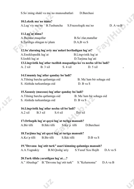 __”________ 2023-y. o‘zbek tilining sohada qo`llanilishi fanidan test savollari iv-variant 1.qonunlar qaysi uslubda yoziladi? a.rasmiy uslubda b.ilmiy uslub s.publitsistik uslubda d.so`zlashuv uslubida 2.sizning "ona tili va adabiyot" darsligingiz qaysi uslubda yozilgan? a.rasmiy uslubda b.ilmiy uslubda s.publitsistik uslubda d.so`zlashuv uslubida 3.ommaviy axborot vositalari uslubi qanday uslub hisoblanadi? a.rasmiy uslubda b.ilmiy uslubda s.publitsistik uslubda .so`zlashuv uslubida 4. voqelikni badiiy tasvir vositalari orqali ifoda qiluvchi uslub qanday uslub hisoblanadi? a.badiiy uslbda b.ilmiy uslubda s.publitsistik uslubda d.so`zlashuv uslubida 5. atamalarga tayanib, fikrni aniq va ixcham shaklda bayon qiluvchi uslub qanday uslub sanaladi? a.rasmiy uslubda b.ilmiy uslubda s.publitsistik uslubda d.so`zlashuv uslubida 6.nutq uslublarini o`rganuvchi soha…? a.leksikologiya b.semasiologiya s.uslubshunoslik d.leksikografiya 7.so`zlar belgisiga ko`ra necha xil bo`ladi? a.2 xil b.3 xil s.4 xil d.5 xil 8.so`zlashuv uslubi necha xil? a. 3 xil b.4 xil s.2 xil d.6 xil 9.obrazlilik,tasviriy ifoda vositalariga boy uslub? a.ilmiy uslub b.rasmiy uslub s.badiiy uslub d.publitsistik uslub 10.qaysi uslubdan tashqari qolgan barcha uslublar …