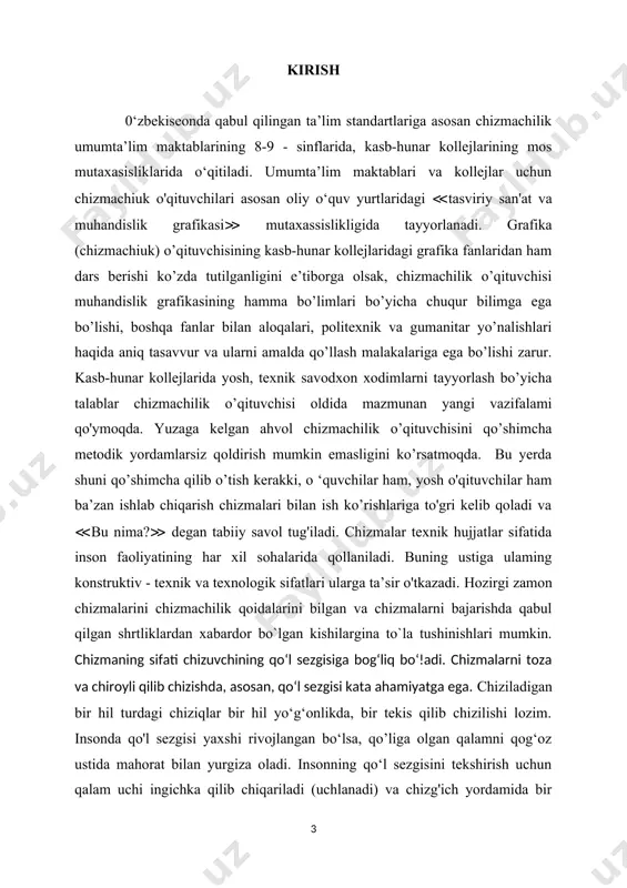 bilan birga qirqim ham qo‘llaniladi. shunday qilinganda detaining ko‘rinishi soni kamayadi. kesim qollanilganda detaining kesilgan yuzalari standartga muvofiq shartli belgilash qabul qilingan. chizmada turli materiallarni tez va oson farqlash maqsadida ular har hil ko‘rinishda shtrixlanadi. 1. materiallarning kesimda grafik belgilanishi. ( o‘zdst 2.306:2003). detaining chizmasida kesim yoki qirqim qollanilgan bo'lsa, o‘sha joy yuzalari ma’lum tartibda belgilanishi lozim. detal metalldan yasalgan bo‘lsa, kesim yuzasi detaining asosiy konturi yoki o‘q chizig‘iga nisbatan 45 burchak ostida o'ng yoki chap tomonga qiyalatib shtrixlanadi. shtrixlar ingichka tutash chiziqda bajariladi. bitta detaining barcha ko‘rinishlarida bajarilgan kesim yoki qirqimlarda bu yuzalar bir tomonlama shtrixlanishi va shtrixlar orasi ham o‘zaro teng bo‘lishi shart. yog‘ochdan tashqari barcha boshqa materiallar metal kabi hoshiya chizig‘iga nisbatan 45 burchakda qiyalatib shtrixlanadi. lekin shtrixlar orasidagi masofalar materiallar turiga qarab har xil bo'ladi. metal, charm, rezina, tabiiy tosh, betonlarda 1.5-2 mm, sopol (keramika) va silikatli materiallarda qo'shaloq chiziqlar oralig‘ida 1.5-2 va 5-7 mm bo‘ladi. …