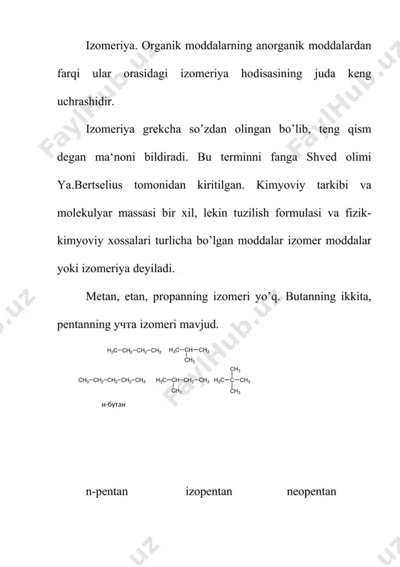 njirli izomerlarnikidan pastroq bo’ladi. masalan, n-pentan 36os da, izopentan 28os da qaynaydi. to’yingan uglevodorodlar suvda juda yomon eriydi, organik erituvchilarda yaxshi eriydi. alkanlarning iq-spektrlarida с-н bog’ga tegishli yutilish chiziqlari 2000-2850 sm-1 ularning deformatsiyali tebranishi 1470-1380 sm-1 da chiqadi. ub-spektrda 200, 125, 135 nm da max larga ega. kimyoviy xossalari. to’yingan uglevodorodlarda с-с ва с-н bog’lari bo’lib, ular juda kuchsiz qutblanishga ega, lekin bog’lanish energiyasi yuqori. ular birikish reaktsiyalariga kirishmaydi. oddiy sharoitda kuchli oksidlovchilar kmno4, k2cro4, k2cr2o7 va boshqalar ta‘sir etmaydi. faqat kuchli oksidlovchilar, katalizator ishtirokida va yuqori haroratlarda almashinish reaktsiyalariga kirishadi. almashinish reaktsiyalariga uchlamchi uglerod atomidagi vodorod atomlari osonroq, ikkilamchi uglerod atomidagi vodorod atomi esa qiyinroq, birlamchi uglerod atomidagi водород esa qiyin almashinadi. 1. galogenlanish reaktsiyalari. galogenlar yorug’lik nuri ta‘sirida to’yingan uglevodorodlar bilan reaktsiyaga kirishadi. metanga xlor ta‘sir ettirilganda metanning vodorod atomlari birin-ketin xlor atomlariga almashinadi va vodorod xlorid ajralib chiqadi: metanning yorug’lik nuri ta‘sirida xlorlanishi, erkin radikalli mexanizmda boradi …