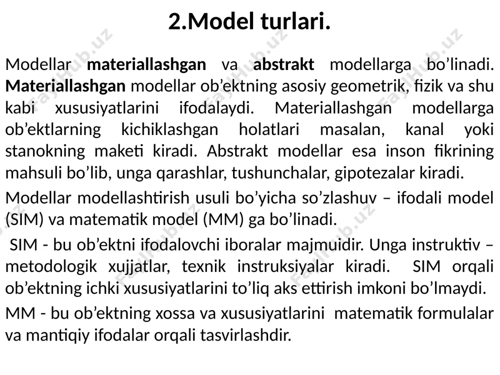 blarining aniqlik darajasi qancha yuqori bo’lsa, olingan natijalar haqiqiy natijalarga yetarlicha yaqin bo’ladi, ya’ni model adekvat bo’ladi. ob’ektning adekvat matematik modelini tuzish uchun, birinchidan ob’ektning barcha xossa va xususiyatlarini to’liq o’rganish kerak bo’lsa, ikkinchidan bu xususiyatlarning barchasi qurilgan matematik modelda o’z aksini topgan bo’lishi zarur. shu bilan birga matematik modelni yechishda foydalaniladigan yechish usuli yetarlicha aniqlikka ega bo’lishi talab etiladi.
