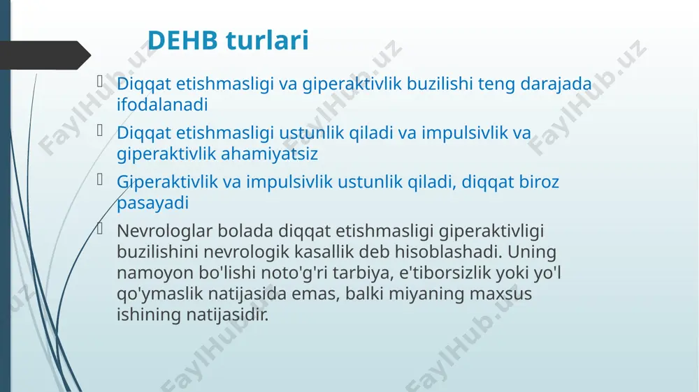 ntoyingiz o'zini haddan tashqari oshirib yuborishiga yo'l qo'ymang. televizorni ko'rish vaqti minimal bo'lishi kerak. uyqu va bedorlik rejimini o'rnatish juda zarur. ota-onalarning o'zlari har qanday sharoitda xotirjam bo'lishlari kerak. ota-onalar bolaga qobiliyatlarini namoyon etadigan faoliyat sohasini tanlashda yordam berishlari kerak maktab o’quvchilarida dehb ning kuzatilishi kasallikning yomonlashuvi tizimli ta'limning boshlanishi bilan (6-7 yoshda), bolalar bog'chasining tayyorgarlik guruhida va ayniqsa maktabning birinchi sinfida darslar boshlanganda sodir bo'ladi. bundan tashqari, bu yosh miya tuzilmalarining kamoloti uchun juda muhimdir, shuning uchun ortiqcha mashqlar ortiqcha ishlarga olib kelishi mumkin. dehb bilan og'rigan chaqaloqlarning hissiy rivojlanishi odatda kechiktiriladi, bu muvozanat, issiq xulq-atvor va o'zini past baholash bilan namoyon bo'ladi. ushbu belgilar ko'pincha tik, bosh og'rig'i, qo'rquv bilan birlashtiriladi. yuqorida keltirilgan barcha namoyishlar dehb bo'lgan bolalarning nisbatan yuqori aqlga ega bo'lishiga qaramay, maktabdagi o'qish ko'rsatkichlarining pastligi uchun javobgardir. bunday bolalar jamoaga moslashish qiyin kechadi. ularning sabrsizligi va engil qo'zg'aluvchanligi tufayli ular ko'pincha tengdoshlari va kattalar bilan …