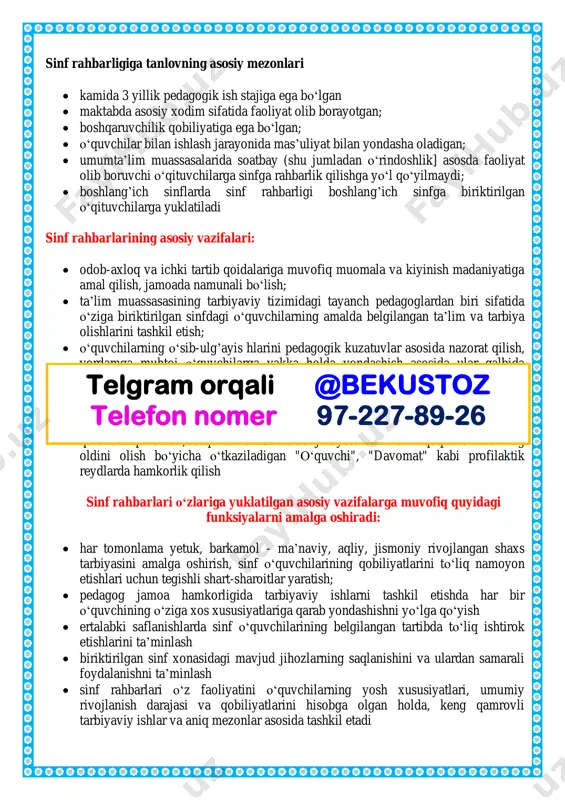 arab fan  to‘garaklari, sport seksiyalari, badiiy-estetik, texnik, ekologik, sayyohlik va o‘lkashunoslik yo‘nalishidagi to‘garaklarga, klublarga jalb qilish  qobiliyatli va iste’dodli o‘quvchilarni rag’batlantirish, ularning ijodiy imkoniyatlarini rivojlantirishga ko‘maklashish  milliy madaniyatning asosi bo‘lgan musiqa va qo‘shiq, kino, adabiyot, xalq og’zaki ijodi, teatr, naqqoshlik va me’morchilik kabi xalq amaliy san’ati turlari vositasida o‘quvchilar dunyoqarashini kengaytirish  o‘quvchilarni yozgi sog’lomlashtirish oromgohlarida dam olishini tashkil etish, kuzgi, qishki va bahorgi ta’til kunlarini mazmunli o‘tkazishi uchun ota-onalar bilan hamkorlikda sharoit yaratish  turli (bayramlar, ko‘rik-tanlov, sport musobaqalari, uchrashuvlar, kechalar va boshqalar] ma’naviy-ma’rifiy tadbirlarda sinf o‘quvchilarining faol ishtirokini ta’minlash telgram orqali @bekustoz telefon nomer 97-227-89-26 o‘zbekiston respublikasi maktabgacha va maktab ta’limi vazirining 2024-yil 23-avgustdagi 273-son buyrug’iga asosan “tasdiqlayman”: mmibdo‘: _________ ___________________________ “sinf soati” mashg’ulotlarining 2025-2026-o‘quv yili uchun o‘quv-mavzu rejasi 7–sinf № o‘tiladigan mavzular soat rejada amalda 1. o‘zbekiston –muqaddas diyor. 1 2. umumiy qoidalar haqida. (yo‘l harakati qoidalari) 1 3. tarixiy obidalarga sayohat (27-sentyabr – …