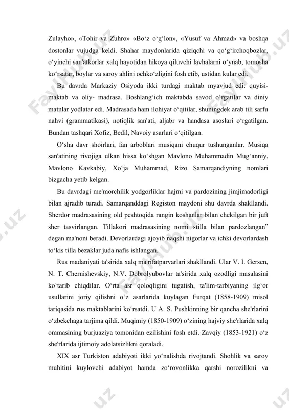 ubovlar ta'sirida xalq ozodligi masalasini ko‘tarib chiqdilar. o‘rta asr qoloqligini tugatish, ta'lim-tarbiyaning ilg‘or usullarini joriy qilishni o‘z asarlarida kuylagan furqat (1858-1909) misol tariqasida rus maktablarini ko‘rsatdi. u a. s. pushkinning bir qancha she'rlarini o‘zbekchaga tarjima qildi. muqimiy (1850-1909) o‘zining hajviy she'rlarida xalq ommasining burjuaziya tomonidan ezilishini fosh etdi. zavqiy (1853-1921) o‘z she'rlarida ijtimoiy adolatsizlikni qoraladi. xix asr turkiston adabiyoti ikki yo‘nalishda rivojtandi. shohlik va saroy muhitini kuylovchi adabiyot hamda zo‘rovonlikka qarshi norozilikni va qoloqlikni tugatishga qaratilgan taraqqiyparvar xalq adabiyoti. umuman, rus va dunyo madaniyagi ta'sirida mehnatkash xalq bilan bog‘liq turkistonda milliy madaniyatning rivojlanish jarayoni kuchayib bordi. u musulmonlar va qolaversa turkiylar dunyosining jahon taraqqiyotidan uzilib qolganligi, bu g‘oyat xavfli holga barham berish kerakligini hamda umumturkiy qavmlardagi jaholatni yo‘q qilib, ma'rifat orqali taraqqiy togpan mamlakatlarga tenglashish zarurligini birinchi bo‘lib turkiy qrim-tatar xalqining ulug‘ farzandi ismoil g‘aspirali (1851-1914) tushunib yetdi. u jadidchilik harakatining butun turk dunyosidagi «g‘oyaviy otasi»ga aylandi. musulmon turkiy olamini …