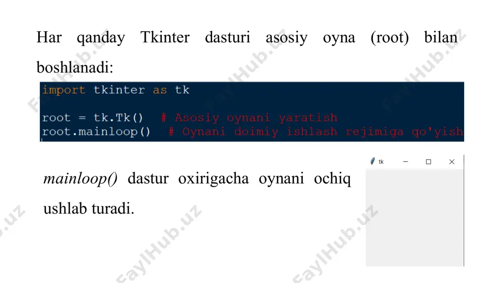 oni (textinput) label – matn chiqarish (label) from kivy.app import app from kivy.uix.boxlayout import boxlayout from kivy.uix.button import button from kivy.uix.textinput import textinput class calculatorapp(app): def build(self): self.layout = boxlayout(orientation="vertical") self.text_input = textinput(font_size=32, halign="right", size_hint_y=0.3) self.layout.add_widget(self.text_input) buttons = [ ["7", "8", "9", "/"], ["4", "5", "6", "*"], ["1", "2", "3", "-"], ["c", "0", "=", "+"]] for row in buttons: row_layout = boxlayout() for label in row: button = button(text=label, font_size=24, on_press=self.on_button_press) row_layout.add_widget(button) self.layout.add_widget(row_layout) return self.layout def on_button_press(self, instance): text = instance.text if text == "=": try: self.text_input.text = str(eval(self.text_input.text)) except: self.text_input.text = "xatolik!" elif text == "c": self.text_input.text = "" else: self.text_input.text += text calculatorapp().run() e’tiboringiz uchun rahmat! image1.png image2.jpeg image3.png image4.png image5.png image6.png image7.png image8.png image9.png image10.png image11.png image12.png image13.png image14.png image15.png image16.png image17.png image18.png image19.png image20.png image21.png image22.png image23.png image24.png image25.png image26.png image27.png image28.png image29.png image30.png image31.png image32.png image33.png image34.png image35.png image36.png image37.png image38.png image39.png image40.png image41.png image42.png …