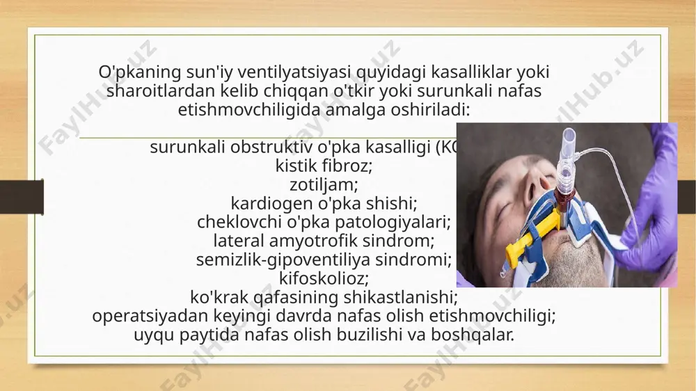 r sonini kamaytiradi, shuningdek, qayta kasalxonaga yotqizish xavfini kamaytiradi. ko'p hollarda invaziv bo'lmagan nafas olishni qo'llab-quvvatlash uchun asboblar nafaqat shifoxonada, balki uyda ham qo'llanilishi mumkin. covid-19 pandemiyasi shamollatgichlar yetishmasligiga olib keldi. shu munosabat bilan, koronavirus infektsiyasi va o'tkir respirator etishmovchilik belgilari bo'lgan bemorlarga birlamchi tibbiy yordam cpap va bipap apparatlarida amalga oshirilishi mumkin xulosa bemor ventilyatorda qancha uzoq bo'lsa, unga respiratordan voz kechish shunchalik qiyin bo'ladi, degan fikr bor. bu apparatsiz nafas olishni "o'rganmaslik" qo'rquvini va biron sababga ko'ra apparat o'chib qolsa, bo'g'ilish qo'rquvini keltirib chiqaradi. ammo bunday xavflar faqat invaziv shamollatish bilan sodir bo'ladi, qachonki qurilma bemor o'rniga tom ma'noda nafas oladi. o'z navbatida, o'pkaning invaziv bo'lmagan ventilyatsiyasini uzoq muddat qo'llash qaramlik emas, chunki. bemor o'z-o'zidan nafas oladi va tibbiy asbob-uskunalar bunda unga faqat yordam beradi. foydalanilgan adabiyotlar: daryo.uz. centr-hirurgii-viva-clinic. philantŕopy.ru. zaubee.com. ib.medprof.tma.uz. e'tiboringiz uchun rahmat! image5.png image6.png image7.png image8.png image9.png image10.png image11.png image12.png image3.png image4.png