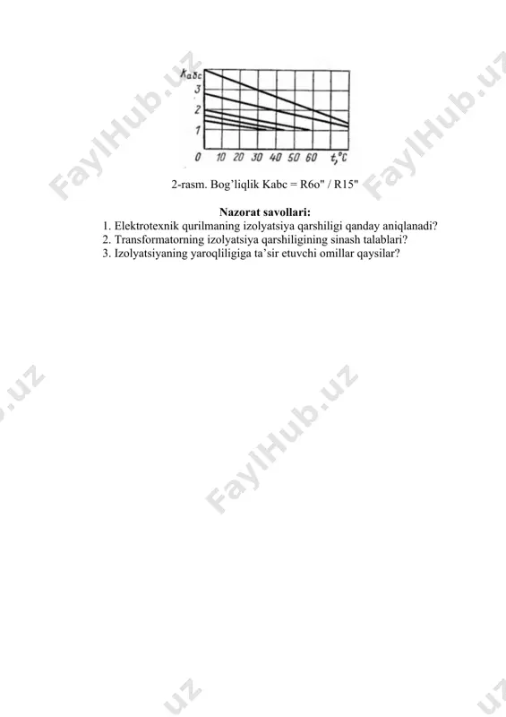 qarshiligi qanday aniqlanadi? 2. transformatorning izolyatsiya qarshiligining sinash talablari? 3. izolyatsiyaning yaroqliligiga ta’sir etuvchi omillar qaysilar? image1.jpeg image2.jpeg