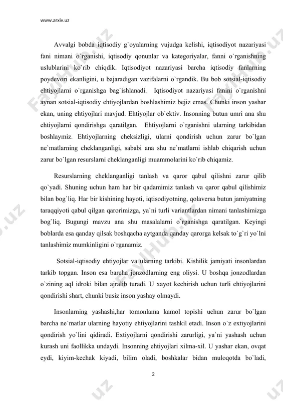 ur bo`lgan barcha ne`matlar ularning hayotiy ehtiyojlarini tashkil etadi. inson o`z extiyojlarini qondirish yo`lini qidiradi. extiyojlarni qondirishi zarurligi, ya`ni yashash uchun kurash uni faollikka undaydi. insonning ehtiyojlari xilma-xil. u yashar ekan, ovqat eydi, kiyim-kechak kiyadi, bilim oladi, boshkalar bidan muloqotda bo`ladi, do`stlashadi va hokazo. ehtiyojlar turli shakl xususiyat, sifat, belgi, miqdor va boshqa jihatlari bilan bir-biridan farqlanadi. har bir inson uchun o`zining qadr - qimmat o`lchovi mavjud bir inson tomonidan qadrlangan,hayotiy ahamiyatga ega bo`lgan narsa ikkinchi bir kishi uchun hech qanday ahamiyatga ega bo`lmasligi mumkin. ahamiyatiga ko`ra ehtiyojlarni tartibga solish u yoqda tursin, hamma insonlar uchun eng zarur bo`lganlarini ham sanab o`tish qiyin. har bir inson uning uchun qaysi extiyojlar eng zarurligini o`zi belgilaydi. xx asr ko`pincha «axborot asri» deb atalgan. xxi asrga kelib axborotning ahamiyati yanada ortdi. axborotni biz turli-tuman manbalardan olamiz. masalan: radio, elevidenie, gazeta va jurnal, kitob, global kompyuter tarmog`i internet kabilardan olamiz.shu bilan birga «an`anaviy» axborot …
