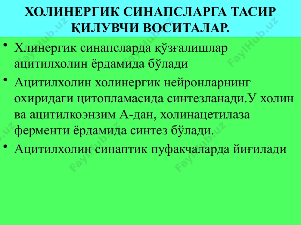 дори сифатида бу модда ишлатилмайди. тиббиётда м-холиномиметиклар сифатида пилокарпин ва ацеклидин ишлатилади. пилокарпин — алкалоид pilocarpus pennatifolius jaborandi усимлигида сакланади. синтетик йул билан бу модда тайёрланган, метилимидазолин унуми. бевосита м-холиномиметик тасир курсатада ва вегетатив нерв толалари кузгалиш эффектини беради. (табл. 3.3).пилокарпин безлар фаолиятини кучайтиради. куз корачигини торайтиради ,ички куз босимини тушуради,аккомадацияни спазмини чакиради (см. рис. 3.7) амалиётда пилокарпин факат махаллий куз томчи сифатида глаукомани даволашда ишлатилади. умумий тасир килиш учун ишлатилмайди. ацеклидин — синтетик бевосита м-холиномиметик дори восита.махаллий ва умумий тасир килиш учун амалиётда ишлатилади. глаукома , ошкозон – ичак, пешоб, бачадон атонияларида кулланилади. м-холинорецепторларни блокловчи воситалар (м-холиноблокаторлар ёки атропинга ухшаш дори воситалар) м-холиноблокаторлар — бу моддалар м-холинорецепторларни блоклайди.уларни асосий эффектлари периферик м- холинорецепторларни , марказий нерв системасидаги м- холинорецепторларни блоклашига боглик. кимё тузулиши буйича улар 3 ламчи ва 4 ламчи аминлар . танлаб тасир килувчи м-холиноблокатор атропин - алкалоид, куйдаги усимликларда сакланади: красавке (atropa belladonna; рис. 3.8), белене (hyoscyamus …