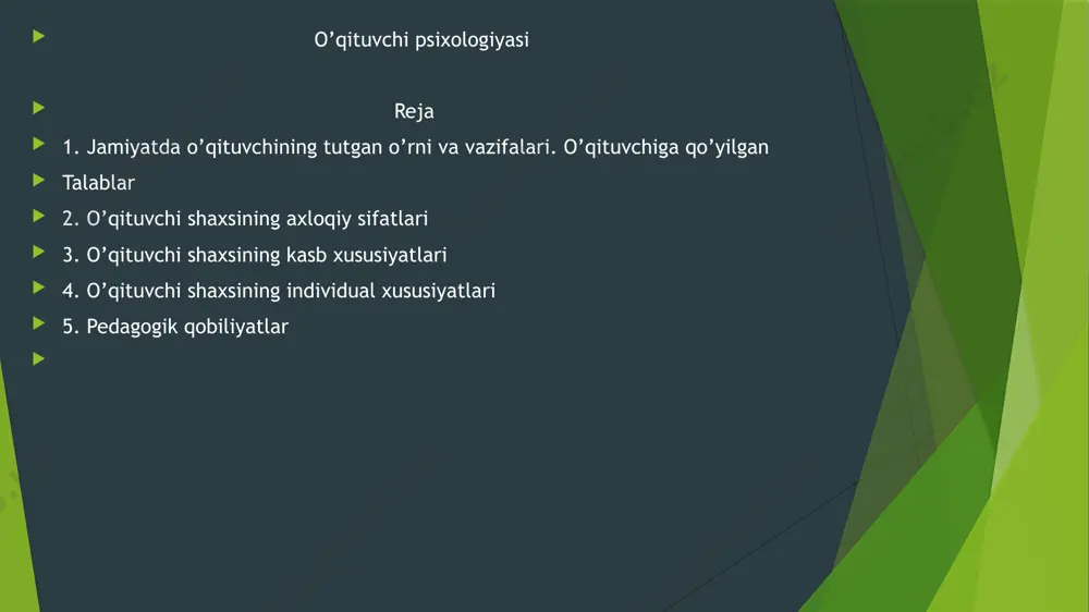 n birga alohida pedagogik fazilatlar qatoriga avvalo pedagogic qobiliyatni, shuningdek, aql xissiyot va irodaning ba’zi bir o’ziga xos xususiyatlarni kiritish mumkin. aftidan, pedagogik faoliyatga nisbatan layoqatli kishigina tez orada o’z ishining ustasi bo’lishi mumkin. o’qituvchi shaxsining individual xususiyatlari; o’qituvchi uchun tipik bo’lgan axloqiy pedagogik sifatlar o’z-o’zicha mavjud bo’lmaydi. ularning egalari jonli, konkret o’qituvchilardir. har bir o’qituvchi o’z maktab jamoasining a’zosi bo’lish bilan birga bir qancha individual faqat uning o’zigagina xos bo’lgan xususiyatlarga ham egadir. shu xususiyatlar yig’indisi muayyan o’qituvchining shaxsiy qiyofasi, unga xos bo’lgan ish uslubini belgilab beradi. har qanday pedagog jamoada yosh pedagogik faoliyatni endigina boshlayotgan o’qituvchilarni ham ko’p yillik ish stajiga ega bo’lgan tajribali o’qituvchilarni ham uchratish mumkin. yosh o’qituvchida ham tajribali o’qituvchida ham o’z ish xususiyatlari ham bo’ladi. yosh o’qituvchi uchun kelajakda rivojlanish mukammallshib borish istiqboli xarakterli bo’lsa, tajribali keksa o’qituvchi uchun esa bosib unutilgan davr bosqich xarakterlidir. ayni vaqtda tajribali pedagoglar anchagina vazminlik va qattiq qo’lliklari …