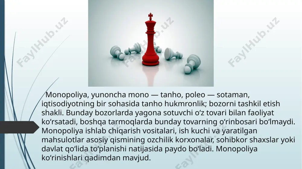 yaning zararli taraflari quyidagicha bo’lishi mumkin: yuqori narxlar: monopolistik korxonalar raqobat yo’qligini foydalanib narxlarni oshirishlari mumkin. mahsulot sifati kamayishi: raqobat yo’qligida monopolistik korxonalar mahsulot sifatini kamaytirishlari mumkin. innovatsiyalar kamayishi: raqobat yo’qligida monopolistik korxonalar yangi mahsulotlar yaratishga yoki mavjud mahsulotlarni takomillashtirishga rag’batlanmaydilar. mijozlarni zarar ko’rish: monopolistik korxonalar mijozlarni zarar ko’rish uchun foydalanishlari mumkin. ishlab chiqarishning to’planishi: monopoliyalar vujudga kelishining moddiy asosi ishlab chiqarishning to’planishi hisoblanadi. ishlab chiqarishning to’planishi ishlab chiqarish vositalari, ishchi kuchi hamda mahsulot ishlab chiqarish hajmining yirik korxonalarda to’planishini namoyon etadi. bozor munosabatlarini cheklash: monopoliya bozor munosabatlarini cheklash, shu sababli hatto bozor iqtisodiyoti hukmron davlatlar monopoliyaga qarshi choratadbirlarni ko’radilar. biroq, monopoliyaning foydali taraflari ham bor. ular odatda yirik ishlab chiqarish miqdori, takomillashtirilgan texnologiyalar, tadqiqot va rivojlanishga investitsiya, va stabil narxlar deb hisoblanad image1.png image2.png image3.png image4.png image5.png image6.png image7.png image8.png image9.png image10.png image11.png image12.png image13.png image14.png image15.png image16.png image17.png /docprops/thumbnail.jpeg