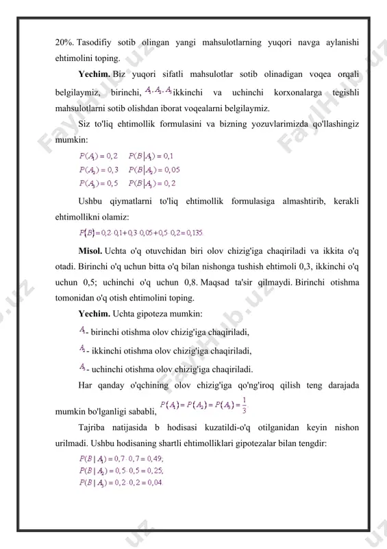 sasida birinchi mashinaning ulushi 33%, ikkinchisi – 39%, uchinchisi – 28% ni tashkil qiladi. amaliy topshiriqlar 1-topshiriq ehtimollik nazariyasining asosiy bo'limlari bo'yicha muammolarni hal qilish maqsad-muammolarni hal qilishda amaliy ko'nikmalarni egallash ehtimollar nazariyasi bo'limlari amaliy vazifani bajarishga tayyorgarlik ushbu mavzu bo'yicha nazariy materiallar bilan tanishib chiqing, nazariy tarkibni, shuningdek adabiy manbalardagi tegishli bo'limlarni o'rganing vazifani bajarish tartibi 1-jadvalda keltirilgan vazifa variantining raqamiga muvofiq 5 ta muammoni hal qiling. manba ma'lumotlari variantlari 1-jadval var-nt vazifa raqami 1 1 48 49 96 97 2 2 47 50 95 98 3 3 46 51 94 99 4 4 45 52 93 100 5 5 44 53 92 101 6 6 43 54 91 102 7 7 42 55 90 103 8 8 41 56 89 104 9 10 40 57 88 105 10 11 39 58 87 106 11 12 38 59 86 107 12 13 37 60 85 108 13 14 36 …