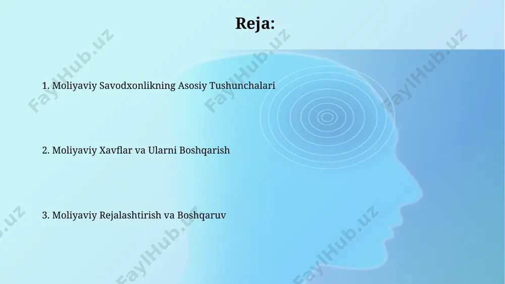 i, chunki bu moliyaviy muammolarga olib kelishi mumkin. moliyaviy xavflar va himoya kredit kartalari bo'yicha o'rtacha foiz stavkasi 20-30% ni tashkil etadi, shuning uchun qarzlarni o'z vaqtida to'lash va yuqori foizli kreditlardan ehtiyotkorlik bilan foydalanish zarur. moliyaviy firibgarliklarning 70% dan ortig'i onlayn amalga oshiriladi, shuning uchun onlayn operatsiyalarni amalga oshirishda ehtiyotkorlik va ikki faktorli autentifikatsiya kabi himoya choralarini qo'llash muhim. moliyaviy savodxonlikning asosiy tushunchalari moliyaviy rejalashtirish budjet tuzish, 5-10%ni tejash va 3-6 oylik xarajatlarga teng bo'lgan favqulodda zaxira jamg'armasini yaratishni o'z ichiga oladi. investitsiyalar diversifikatsiyasi, kamida 3 xil aktiv sinfiga sarmoya kiritish (masalan, aktsiyalar, obligatsiyalar va ko'chmas mulk) xavfni kamaytiradi va daromadni oshirishga yordam beradi. e'tiboringiz uchun rahmat @taqdimot_robot image2.jpg image3.jpg image4.jpg image5.jpg image6.jpg image7.jpg image8.jpg image1.png