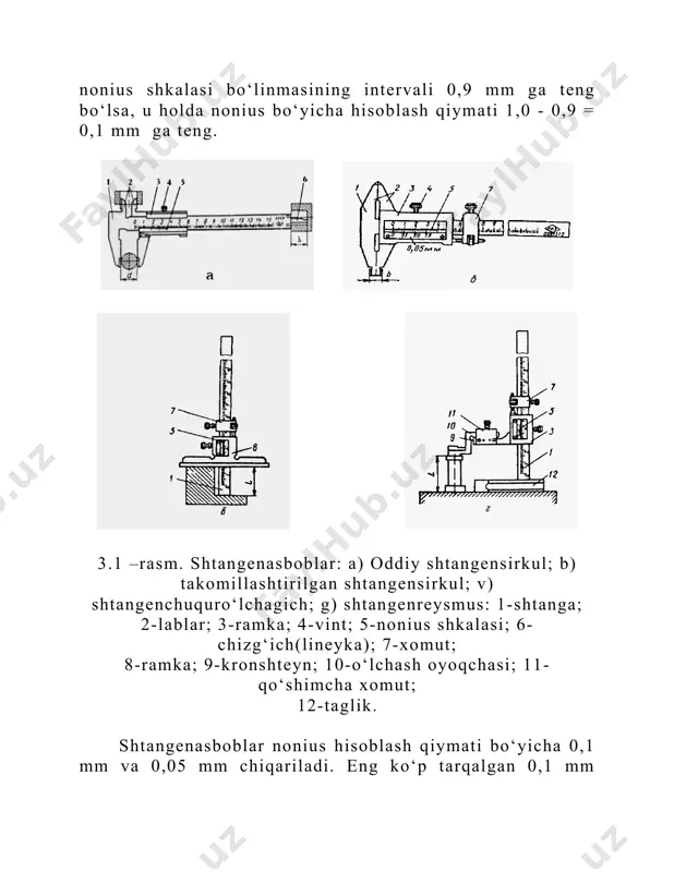 asi; 11-qo‘shimcha xomut; 12-taglik. shtangenasboblar nonius hisoblash qiymati bo‘yicha 0,1 mm va 0,05 mm chiqariladi. eng ko‘p tarqalgan 0,1 mm noniusli shtangenasboblar 10 bo‘linishli 9 mm uzunlikdagi nonius shkalasiga egadir. nonius shkalasi ikki qo‘shni shtrixlari (bo‘linmasi) orasidagi masofa 0,9 mm ga teng, ya‘ni nonius shkalasi bo‘linmasi shtanga shkalasi bo‘linmasidan 0,1 mm ga kaltadir. o‘lchash vaqtida nonius qurilmasi bo‘yicha hisoblash asosiy shkalada millimetrning kasr ulushlarini aniqlashdan iborat. noniusning nol shtrixi ko‘rsatkich bo‘lib xizmat qiladi, bo‘linmaning ulushlari esa nonius shtrixlaridan birining asosiy shkala shtrixiga to‘g‘ri kelishi bilan aniqlanadi (3.2 - rasm). 3.2-rasm. nonius shkalasi yordamida o‘lchash natijasi hisobotini olish. 3.1 - jadvalda shtangen asboblarining turlari va qo‘llanilish sohalari keltirilgan. 3.1-jadval turi o‘lchash (diapozoni chegaralari, mm) noniusning hisoblash qiymati, mm yo‘l qo‘yiladigan xatoliklar, ±mkm гост 166 – 80 bo‘yicha shtangen asboblari шц - i 0…125 0,1 100 шц - ii 0…160; 0…200; 0…250 0,05 ва 0,1 50 ва 100 шц - iii 0…160; …