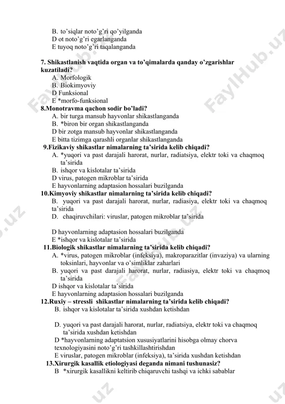ar ta’sirida d hayvonlarning adaptasion hossalari buzilganda e *ishqor va kislotalar ta’sirida 11.biologik shikastlar nimalarning ta’sirida kelib chiqadi? a. *virus, patogen mikroblar (infeksiya), makroparazitlar (invaziya) va ularning toksinlari, hayvonlar va o’simliklar zaharlari b. yuqori va past darajali harorat, nurlar, radiasiya, elektr toki va chaqmoq ta’sirida d ishqor va kislotalar ta’sirida e hayvonlarning adaptasion hossalari buzilganda 12.ruxiy – stressli shikastlar nimalarning ta’sirida kelib chiqadi? a. ishqor va kislotalar ta’sirida xushdan ketishdan b. yuqori va past darajali harorat, nurlar, radiatsiya, elektr toki va chaqmoq ta’sirida xushdan ketishdan d *hayvonlarning adaptatsion xususiyatlarini hisobga olmay chorva texnologiyasini noto’g’ri tashkillashtirishdan e viruslar, patogen mikroblar (infeksiya), ta’sirida xushdan ketishdan 13.xirurgik kasallik etiologiyasi deganda nimani tushunasiz? a *xirurgik kasallikni keltirib chiqaruvchi tashqi va ichki sabablar b xirurgik kasallik rivojlanishini chiqaruvchi tashqi va ichki sabablar d xirurgik kasallik belgilari e xirurgik kasallik oqibati 14.kasallik patogenezi deganda nimani tushunasiz? a. xirurgik kasallik rivojlanishini chiqaruvchi tashqi sabablar b. *ob’yektiv qonuniyatlarga …