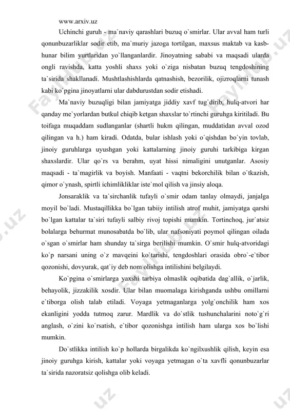 ko`tarishi, tengdoshlari orasida obro`-e`tibor qozonishi, dovyurak, qat`iy deb nom olishga intilishini belgilaydi. ko`pgina o`smirlarga yaxshi tarbiya olmaslik oqibatida dag`allik, o`jarlik, behayolik, jizzakilik xosdir. ular bilan muomalaga kirishganda ushbu omillarni e`tiborga olish talab etiladi. voyaga yetmaganlarga yolg`onchilik ham xos ekanligini yodda tutmoq zarur. mardlik va do`stlik tushunchalarini noto`g`ri anglash, o`zini ko`rsatish, e`tibor qozonishga intilish ham ularga xos bo`lishi mumkin. do`stlikka intilish ko`p hollarda birgalikda ko`ngilxushlik qilish, keyin esa jinoiy guruhga kirish, kattalar yoki voyaga yetmagan o`ta xavfli qonunbuzarlar ta`sirida nazoratsiz qolishga olib keladi. hayotiy tajriba yetishmasligi o`ziga va atrofdagilarga baho berish mezonlarining shakllanib ulgurmaganligi natijasida ularda bo`lib o`tayotgan voqeliklarning asl mohiyatini anglab yeta olmaslik; ishonuvchanlik, tez his-hayajonga berilish, asabiylik, do`q-po`pisaga ko`nuvchanlik, betayinlik xislatlari o`rnashib qoladi. ushbu omillar ko`p jihatdan tergov uslubiyoti xususiyatlarini belgilab beradi. voyaga yetmaganlar bilan munosabatlarda tergovchi protsessual me`yorlarga rioya qilishidan tashqari keng miqyosdagi ma`naviy va ruhiy bilimlarga tayanishi lozim. voyaga yetmaganlar bilan ishlaydigan tergovchi kasbiga xos fazilatlar bilan …