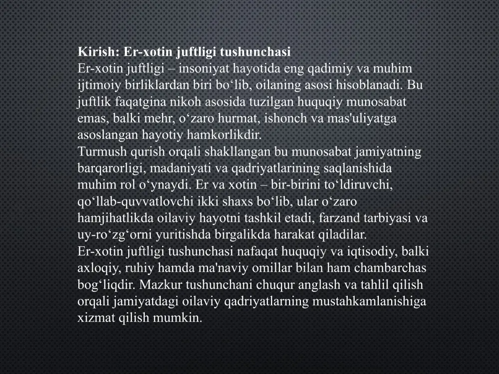 a birgalikda qarorlar qabul qilinadi. er-xotin munosabatlarining ijtimoiy-psixologik ahamiyati er-xotin o‘rtasidagi munosabatlar har qanday jamiyatning ijtimoiy hayotida muhim o‘rin egallaydi. bu munosabatlar nafaqat ikki shaxs o‘rtasidagi shaxsiy aloqa, balki butun jamiyatning madaniy, axloqiy va ruhiy muhitiga bevosita ta’sir ko‘rsatadi. oila – jamiyatning eng kichik, ammo eng muhim ijtimoiy birligi hisoblanar ekan, er va xotin o‘rtasidagi sog‘lom va barqaror munosabatlar bu birlikning mustahkamligiga asos bo‘ladi. psixologik nuqtai nazardan qaralganda, er-xotin munosabatlari har ikki tomonning ruhiy holatiga, shaxsiy rivojlanishiga va hayotiy qoniqish darajasiga sezilarli darajada ta’sir qiladi. o‘zaro hurmat, mehr, ishonch va samimiyat asosida qurilgan munosabatlar er va xotinning o‘zini erkin ifoda etishiga, hissiy barqarorlikka erishishiga va umumiy hayotdan mamnun bo‘lishiga yordam beradi. aksincha, nizoli va sovuq munosabatlar esa stress, tushkunlik, ruhiy siqilish kabi muammolarga sabab bo‘lishi mumkin. ijtimoiy jihatdan esa, er-xotin munosabatlarining barqarorligi farzand tarbiyasi, oilaviy muhit va jamiyatda sog‘lom avlod voyaga yetishida muhim omil sanaladi. bolalar ko‘pincha ota-ona munosabatini kuzatgan …