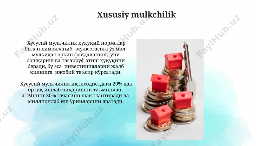 . davlat mulkchilik shakllarini tartibga soluvchi 5 dan ortiq qonun hujjatlari iqtisodiy oʻsishga ta’sir koʻrsatadi, xususiylashtirish jarayonlariga ta’sir qiladi. mulk huquqining himoyasi davlat tomonidan mulk huquqini himoya qilish choralariga, 3 yildan ortiq muddatga qamoq jazosi bilan jazolanadigan mulk yashirish yoki o'zlashtirish kabi jinoyatlarga qarshi kurash kiradi. мulk huquqining himoyasi konstitutsiyaviy kafolatlangan bo'lib, fuqarolar va yuridik shaxslarning 100% mulkiy huquqlarini himoya qilishni ta'minlaydi. bozor mexanizmlari va mulkchilik mulk huquqining aniqligi va himoyalanishi investitsiyalarni jalb qilish va iqtisodiy oʻsishni 20% gacha oshirishga yordam beradi, bu esa yalpi ichki mahsulotning koʻpayishiga olib keladi. bozor iqtisodiyoti sharoitida 3 ta asosiy mulkchilik shakli – davlat, xususiy va jamoa mulklari mavjud boʻlib, ularning nisbati mamlakatning iqtisodiy rivojlanish darajasiga ta’sir koʻrsatadi. e'tiboringiz uchun rahmat @taqdimot_robot image2.jpg image3.jpg image4.jpg image5.jpg image6.jpg image7.jpg image8.jpg image9.jpg image10.jpg image11.jpg image12.jpg image13.jpg image1.png