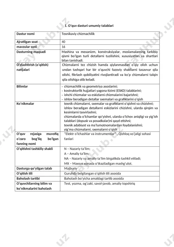 to‘g‘risida tushuncha. standart bo‘yicha chizma chiziqlari va ularni qo‘llanishi. standart bo‘yicha formatlar. chizmaning asosiy yozuvi. standartlashtirilgan shriftlar to‘g‘risida tushuncha. harf va raqamlarning shrift bo‘yicha yozilishi. chizmada yozuvlarni bajarish. 2 n 1 3. texnikaviy detallarining kontur chiziqlarini chizish masshtabning ta’rifi, qo‘llanishi va belgilanishi. chizmada o‘lchamlarni qo‘yish qoidalari. aylanani teng bo‘laklarga bo‘lish. qiyalik va konuslikni ta’rifi, berilgan qiymatga asosan qurilishi va belgilanishi. tutashmalar. to‘g‘ri chiziqlarni berilgan radiusli yoy bilan tutashtirish. berilgan radiusli yoy bilan yoylarni tutashtirish. lekala yordamida egri chiziqlarni qo‘shish. 2 n 1 4. chizma geometriya asoslari va proeksion chizmachilik proeksiya turlari: nuqta, to‘g‘ri chiziq va tekisliklarni proeksiyalash chizma geometriya to‘g‘risida tushuncha. proeksiyalash turlari. nuqtani o‘zaro perpendikulyar ikki va uchta proeksiya tekisliklariga proeksiyalash. proeksiyalar tekisliklari, proeksiyalar o‘qlari va nuqta proeksiyalarining belgilanishi. nuqtaning koordinatlari to‘g‘risida tushuncha. to‘g‘ri chiziq kesmasini ikkita va uchta proeksiya tekisliklarida proeksiyalash. tekisliklar. proeksiyalar tekisliklariga parallel tekisliklar. proeksiyalovchi tekisliklar. 2 n 1 5. proeksiyalarni almashtirish usullari umumiy tushuncha. aylantirish …