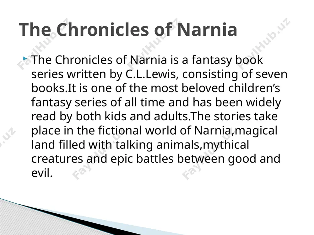 peter-the oldest of the pevensie siblings,peter is a natural leader and courages warrior who eventually becomes the high king of narnia caspian-he is telmarine prince.caspian is brave,loyal and just the chronicles of narnia teaches important lessons about good versus evil,faith,courage and the power of choise.through magical adventures,the series shows how belief ,moral growth and sacrifice can lead to true transformation and hope. comments and conclusions about the chronicles of narnia thank you for your attention image1.jpeg image2.jpeg image3.jpeg image4.jpeg image5.jpeg image6.jpeg /docprops/thumbnail.jpeg
