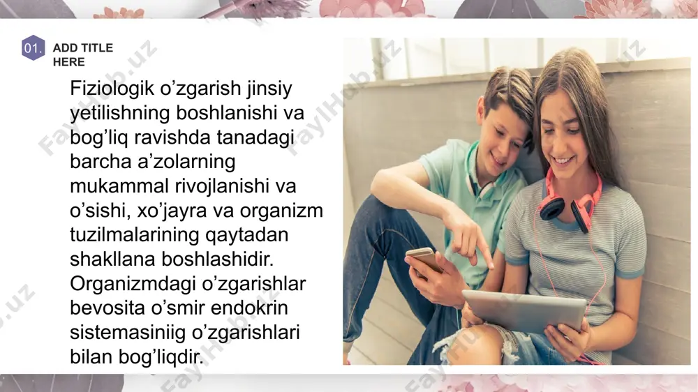 a qaramasdan u muloqotda kattalarning qo’llab-quvvatlashlariga ehtayoj sezadilar. 01. add title here osmir oquvchilarni ta’lim va tarbiya berish ishlarida uchraydigan ayrim qiyinchiliklar bu yoshdagi bolalarning psixik rivojlanishi va hususiyatlarini ba’zan etarli darajada bilmaslikdan yoki inkor qilishdan kelib chiqadi. kichik va katta yoshdagi maktab oquvchilariga qaraganda osmirlik yoshidagi bolalarni tarbiyalashda juda kop qiyinchiliklar boladi. chunki, kichik bolaning katta odamga aylanishi jarayoni juda kiyin kechadi. bu jarayon osmirlar psixologiyasining odamlar bilan bolgan munosabat formalarining jiddiy ravishda ozgarishi, hamda hayot sharoitining ozgarishi bilan bogliqdir. osmir oquvchilarni ta’lim va tarbiya berish ishlarida uchraydigan ayrim qiyinchiliklar bu yoshdagi bolalarning psixik rivojlanishi va hususiyatlarini ba’zan etarli darajada bilmaslikdan yoki inkor qilishdan kelib chiqadi. kichik va katta yoshdagi maktab oquvchilariga qaraganda osmirlik yoshidagi bolalarni tarbiyalashda juda kop qiyinchiliklar boladi. chunki, kichik bolaning katta odamga aylanishi jarayoni juda kiyin kechadi. bu jarayon osmirlar psixologiyasining odamlar bilan bolgan munosabat formalarining jiddiy ravishda ozgarishi, hamda hayot sharoitining ozgarishi bilan bogliqdir. …