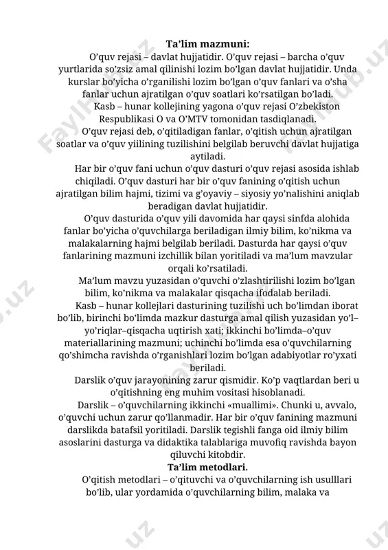 hning an’anaviy – tashkiliy shakllariga: 1. sinf – dars shaklida olib boriladigan darslar. 2. amaliy va tajriba shaklida olib boriladigan mashg’ulotlar kiradi. sinf – dars shaklida olib boriladigan darslar reja asosida, ma’lum tizimda, xilma – xil usullar yordamida o’quv materialini bayon qilish, talabalarda shakllanayotgan bilim, ko’nikma, malakalarning izchilligiga e’tiborni qaratish, ularni mustaqil fikrlashga o’rgatishni o’z ichiga oladi. amaliy va tajriba shaklida olib boriladigan mashg’ulotlar o’quv ustaxonalari, tajriba yer uchastkalari, ishlab chiqarish korxonalari, ekin maydonlarida amaliyot shaklida olib borilishi yoki ekskursiya shaklida tashkil qilinishi mumkin. bundan tashqari seminar shaklida olib boriladi. amaliy tajriba mashg’ulotlarining sinf–dars shaklidagi mashg’ulotdan asosiy farqi talabalarning ma’lum bilim, ko’nikma va malakalarini shakllantirish hamda mustahkamlash, talabalarda mutaxassisliklari bo’yicha nazariy bilimlar bilan bir qatorda amaliy bilimga ega bo’lish hamda uni tadbiq qila olish imkoniyatini yaratadi. chunki, talabalar amaliy tajriba mashg’ulotlarida o’zlarining mutaxassisliklariga oid ish qurollari va boshqa vositalar bilan tanishib, ulardan qanday foydalanishni o’rganadilar. shu bilan bir qatorda sanitariya …