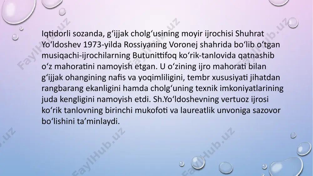 at maktabiga aylanib borgan. tanlovlar nafaqat ijrochilik kuchlarining sinovi, ularning tinimsiz mehnati evaziga o‘zining mahoratini namoyish qilishi, balki mashaqqatli murabbiylik ishining yakuni, uning o‘z shogirdini ijroviy hamda psigologik tayorlashdan iboratdir. an’anaga aylanib qolgan respublika ko‘rik-tanlovning navbatdagi vi musobaqasi 1992-yil mart oyida bo‘lib o‘tgan. bu ko‘ruik-tanlov ishtirokchilariga ma’suliyat yanada oshirilgan. uchinchi bosqich g‘oliblari t.jalilov nomidagi davlat akademik xalq cholg‘ulari orkestri (f.sodiqov rahbarligidagi) hamda o‘zbekiston teleradiokompaniyasi qoshidagi (kompozitor m.bafoyev rahbarligidagi) d.zokirov nomidagi o‘zbek xalq cholg‘ulari davlat orkestrlari jo‘rligida bellashganlar. turli ko‘rik-tanlov va festivallarda ishtirok etib sovrindon bo‘lgan ba’zi bir jamoalar va sozandalarni qo‘shimcha sifatida aytish mumkin: 1972-yili professor sulaymon taxalov rahbarligida udchilar ansambli tuzilib, moskvada bo‘lib o‘tgan jahon yoshlar festivalida o‘z dasturlari bilan qatnashdilar. shu ansamblda qatnashgan, т.jalilov nomidagi davlat akademik xalq cholg‘ulari orkestrining badiiy rahbari va bosh dirijori bo‘lib ishlagan o‘zbekiston xalq artisti, professor foruq sodiqov, marhum anvar odilov, muxtasar beknazarova va boshqalarni aytib o‘tish mumkin. tohir karimovich yo‘ldoshev. konservatoriyada o‘qish …