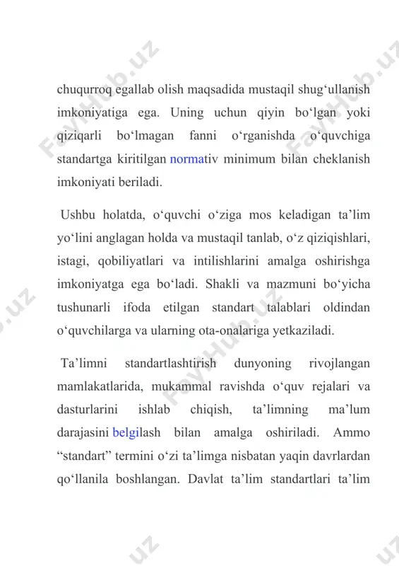 rli ta’lim muassasalarida (davlat va nodavlat) ta’limning barqaror darajasini ta’minlash sharti amalga oshiriladi. dts о‘z mohiyatiga kо‘ra о‘quv dasturlari, darsliklar, qо‘llanmalar, nizomlar о‘quv rejasi va boshqa mayoriy hujjatlarni yaratish uchu nasos bо‘lib xizmat qiladi dtsni, uning talablarini bajarish о‘zbekiston respublikasi hududida faoliyat kо‘rsatayotgan mulkchilik shakli va idoraviy bо‘ysunishdan qat’i nazar barcha ta’lim muassasalari uchun majburiydir. umumiy о‘rta (kasb-hunar va oliy) ta’limning dts quyidagi tamoyillariga tayangan holda ishlab chiqiladi: · dts ni davlat va jamiyat talablari va shaxs ehtiyojiga mosligi · о‘quv dasturlari mazmunining jamiyat ijtimoiy-iqtisodiy taraqqiyoti hamda fan-texnika rivojlanishi bilan bog‘liqligi; · umumiy о‘rta (kasb-hunar va oliy) ta’limning boshqa ta’lim turlari va bosqichlari bilan uzluksizligi va ta’lim mazmunining uzviyligi · umumiy о‘rta (kasb-hunar va oliy) ta’lim mazmunining insonparvarligi · ta’lim mazmunining respublikadagi barcha hududlardagi birligi va yaxlitligi · umumiy о‘rta (kasb-hunar va oliy) ta’limning mazmuni, shakli, vositalari va usullarini tanlashda innovatsiya (ilg‘or) texnologiya yutuqlariga tayanish · pedagogik tafakkurda qaror topgan …