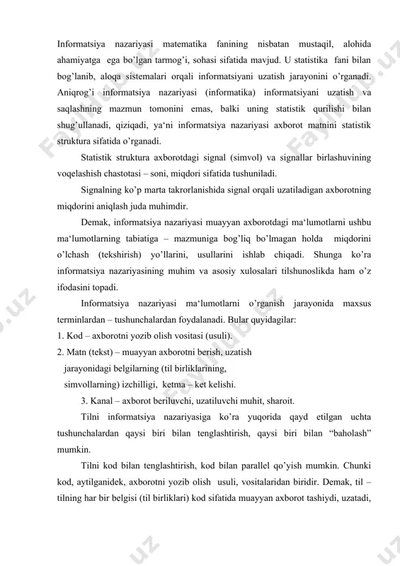 di, uzatadi, yetkazadi. binobarin, ayni vaqtda, ushbu axborotni hisoblab chiqish, statistik ma‘lumot to’plash mumkin. xullas, til informatsiya nazariyasiga ko`ra kod sifatida namoyon bo’ladi. til orqali fikr almashish jarayonida ifodalanadigan, beriladigan axborotlarni statistik tahlil qilish, ma‘lumot to’plash mumkin, zarur va muhimdir. semiotika (yoki semiologiya) belgilar sistemasi haqidagi fandir. shunga ko’ra semiotika belgilar sistemasiga xos bo’lgan umumiy xususiyatlarni, jihatlarni o’rganadi. semiotika belgilar nazariyasi haqidagi ta‘limot sifatida belgilarni, belgilar sistemasiga kiruvchi hodisalarni, ularning tabiati, mohiyati, turlari, ko’rinishlari, amal qilishi kabilarni tekshiradi. semiotika, aytilganidek, belgilar nazariyasi haqidagi ta‘limot bo’lib, uning muayyan yo’nalishi sifatida tilshunoslik va semiotikaning o’zaro maqsadli aloqaga, munosabatga kirishishidan tilshunoslik fanining lingvosemiotika deb ataluvchi sohasi shakllanadi. demak, til ikkilamchi belgilar sistemasi sifatida semiotikaning – lingvosemiotikaning tekshirish ob‘ekti hisoblanadi, ya‘ni lingvosemiotika tilning belgi tabiatiga egaligini, informatsiya uzatuvchi til birliklarining xususiyatlarini tadqiq qiladi. ma‘lumki, til – til (nutq) birliklari (so’z, so`z birikmasi, gap va boshqalar) muayyan belgilar sifatida ma‘no, tushuncha, fikr ifodalaydi. ular ma‘no, …