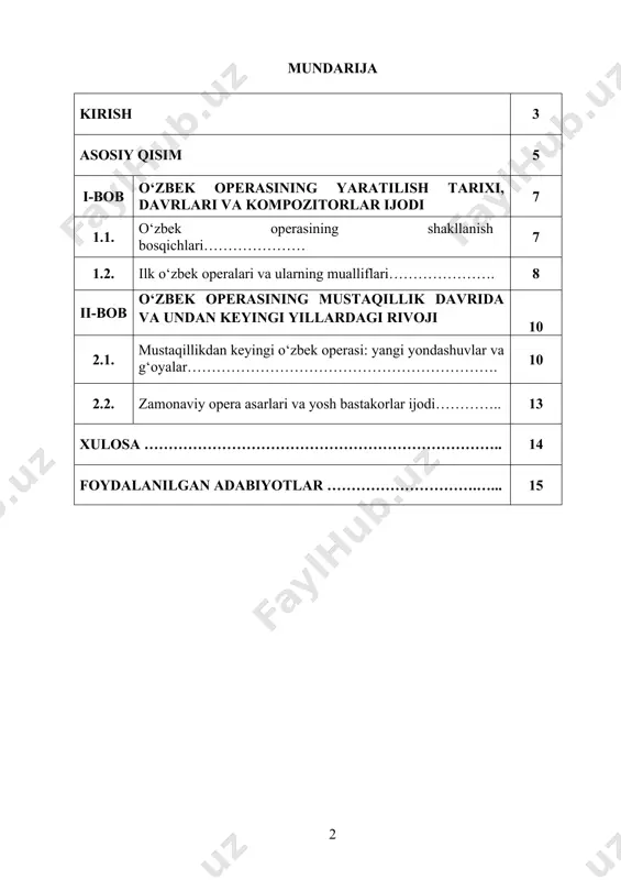 nbai bo‘lib xizmat qiladi. kurs ishining maqsadi - mazkur kurs ishining asosiy maqsadi – o‘zbek operasi san’ati taraqqiyoti tarixini bosqichma-bosqich o‘rganish, uning shakllanishida muhim rol o‘ynagan ijodkorlar, asarlar va musiqiy tamoyillarni tahlil qilishdir. shuningdek, o‘zbek operasining milliy musiqiy an’analar bilan uyg‘unligi, janrlar boyligi va zamonaviy rivojlanish tendensiyalarini ochib berish maqsad qilingan. o‘zbek operasi san’atining shakllanishi, rivojlanish bosqichlari, yetuk asarlari va ularning madaniy-ma’naviy hayotimizdagi o‘rnini tizimli o‘rganishdan iborat. mazkur kurs ishi orqali milliy operamizning tarixiy ildizlarini, bastakor va sahna ijodkorlarining bu yo‘nalishga qo‘shgan hissasini tahlil qilish, o‘zbek operasi namunalarining g‘oyaviy-badiiy mazmunini ochib berish, shuningdek, ularning yosh avlodning estetik tarbiyasidagi ahamiyatini yoritish ko‘zda tutiladi. kurs ishining vazifalari - 1. o‘zbek operasining vujudga kelish tarixini o‘rganish. 2. ilk o‘zbek operalarining mazmuni va musiqiy xususiyatlarini tahlil qilish. 3. o‘zbek operasining rivojlanishida xizmat qilgan bastakorlar, libreto mualliflari va sahna ijodkorlarini aniqlash. 4. o‘zbek operasida milliylik va g‘arbiy operaviy an’analar uyg‘unligini tahlil qilish. 5. mustaqillik yillarida …