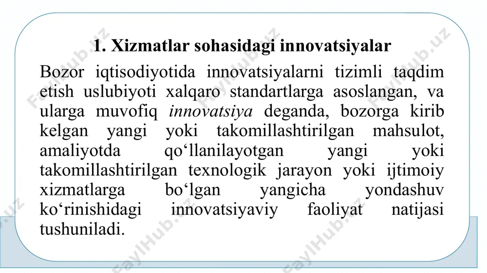 lublarni ishlab chiqishdir. bunday innovatsiyalar boshqaruv va transaksion harajatlarni qisqartirish, tashkilot tomonidan ishchilarning ish o‘rinlari (ish vaqtlari) bilan ta’minlanganlik darajasini oshirish, mehnat samaradorligini oshirish, bozorda mavjud bo‘lmagan aktivlarga yo‘l topish yoki etkazib berish narxini kamaytirish yo‘li bilan tashkilot faoliyatining samaradorligini oshirishga yo‘naltirilgan bo‘ladi. tashkilot bunday tashkiliy innovatsiyalarni birinchi bo‘lib joriy etgan bo‘lishi muhim emas. ish o‘rinlarini tashkil etish bo‘yicha innovatsiyalar – bu tashkilotning alohida faoliyat turi doirasida yoki turli faoliyatlari (tarkibiy bo‘linmalari) o‘rtasida ishlarning bajarilishi bo‘yicha xodimlar orasida javobgarlik va vakolatlarni taqsimlashning yangi usullarini yo‘lga qo‘yishdir. shuningdek, faoliyatni strukturizatsiya qilish, ya’ni faoliyatning turli yo‘nalishlarini integratsiyalashtirish bo‘yicha yangi konsepsiyalarini joriy etishdir. odatda, omillar yig‘indisini ta’sir harakteriga bog‘liq holda quyidagilarga ajratishadi: iqtisodiy; texnik-texnologik; tashkiliy; ijtimoiy; huquqiy; ekologik. paydo bo‘lishiga qarab ular ichki va tashqi omillar bo‘lishi mumkin. ichki omillar: ishlab chiqarish bazasi rivojlanishining moddiy-texnik bazasi; tashkilot ixtisosligi va ishlab chiqarilayotgan mahsulotning maqsadi; boshqaruv turi va tashkiliy tuzilmasi; boshqaruv uslubi va uslubiyoti; ishlab …