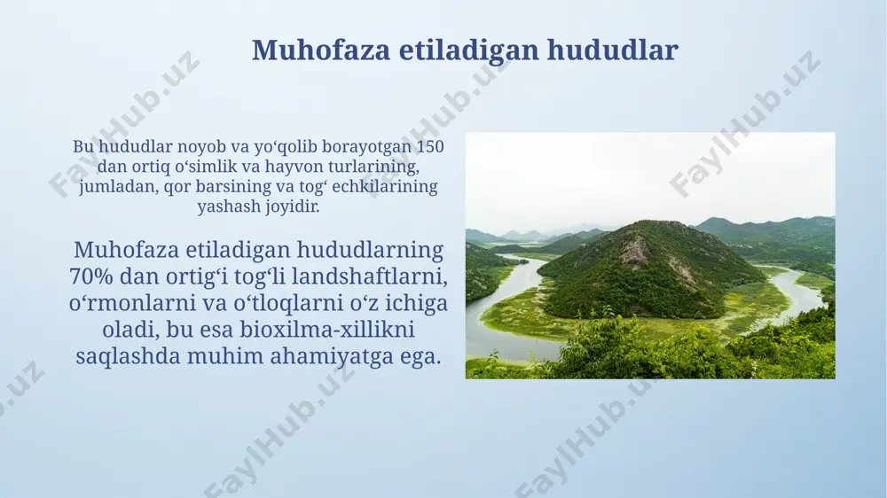 ng umumiy maydoni 1000 km² dan ortiqni tashkil qiladi. tabiatni muhofaza qilish choralari bioxilma-xillikni saqlash uchun 1000 ga yaqin gektar maydonni qamrab oluvchi o'rmonlarni tiklash va cho'l zonasini yashil maydonlar bilan boyitish dasturlari amalga oshirilmoqda. g'arbiy tianshan hududida 20 dan ortiq qimmatli o'simlik va hayvon turlarining yashash joylarini muhofaza qilish maqsadida 5 ta qo'riqxona va milliy bog'lar tashkil etilgan. e'tiboringiz uchun rahmat @taqdimot_robot image4.png image5.jpg image6.jpg image7.jpg image8.jpg image9.jpg image10.jpg image11.jpg image12.jpg image13.jpg image14.jpg image15.jpg image16.jpg image17.jpg image18.jpg image19.jpg image20.jpg image21.jpg image3.jpeg