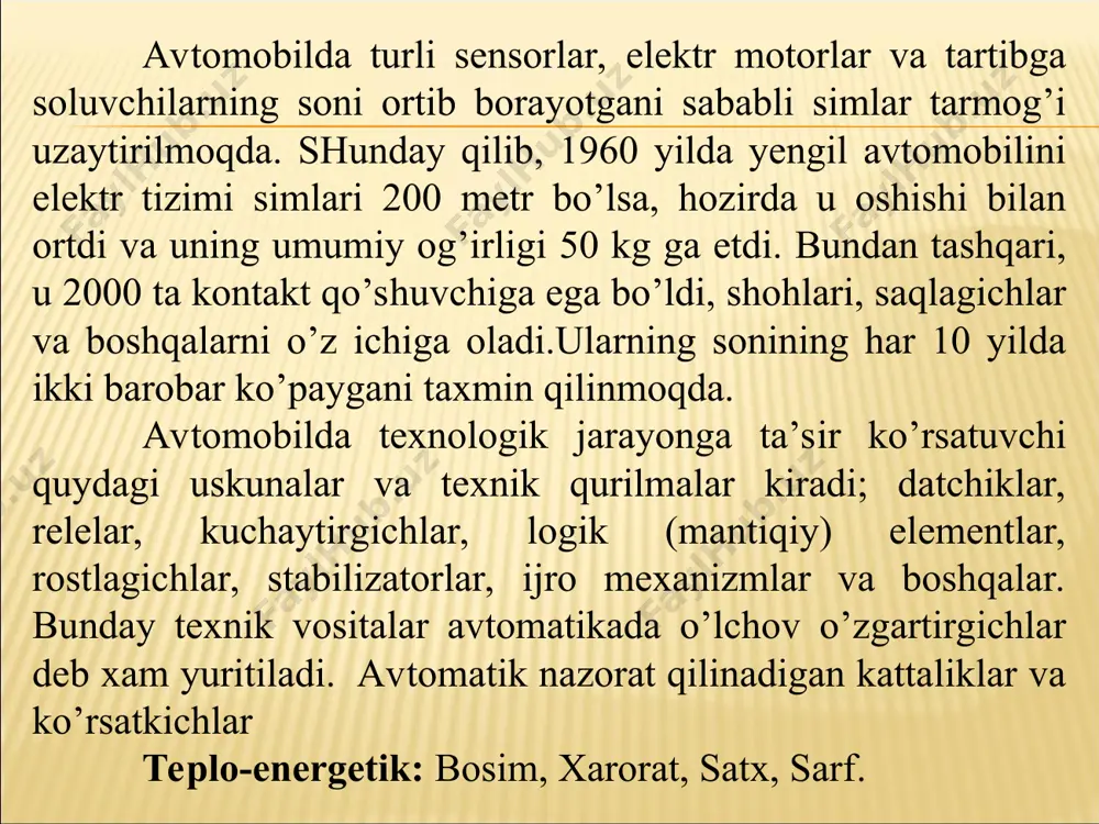 , ular ikkitadan o’rnatiladi: biri past, ikkinchisi yuqori tonal karnaylar (avtobus vaboshqa transport vositalarida foydalaniladi). 1-rasm.tovushli signal vaz 2107 rele bilan: 1. tovushli signal s-309 va s-308, 2. akkumulyator; 3. generator; 4. saqlagich bloki; 5. tugmacha; 6. tovushli signalni relesi s – 528; rezonator diski va membrana legirlangan po’latdan yasalgan. signal chulg’ami diametri 0,59 mm li simdan yasalgan bo’lib. 142 ta o’rami bor. uchqunlanishning kamaytirish uchun sig’imi 0,14-0,17 mkf li kondensator yoki rezistor kontaktlarga parallel qilib quyiladi. tovush yaxshi chiqishi uchun korpus rezina qistarmalar orqali ressora osmasiga ulangan. qopqoqga radial darchalar qilingan bo’lib, tovushto’lqinlari ular orqalitarqaladi. ko’pchilik mashinalarning rul chambaragiga o’rnatilgan signal berish knopkasi korpus, kontakt plastina, prujina vtulkasi sterjeni, biriktirish plankasi va qismadan tuzilgan. agar knopka bosilsa, kontakt plastinalar ulanadi va tok bir qismadan ikkinchisiga o’tadi. tok chulg’amdan o’tishi natijasida o’zak magnitlanib, yakor unga tortiladi. yakor bilan birga sterjen suriladi. yakor prujina uchinchi bosib, kontaktlar ajraladi. bir vaqtda sterjen …