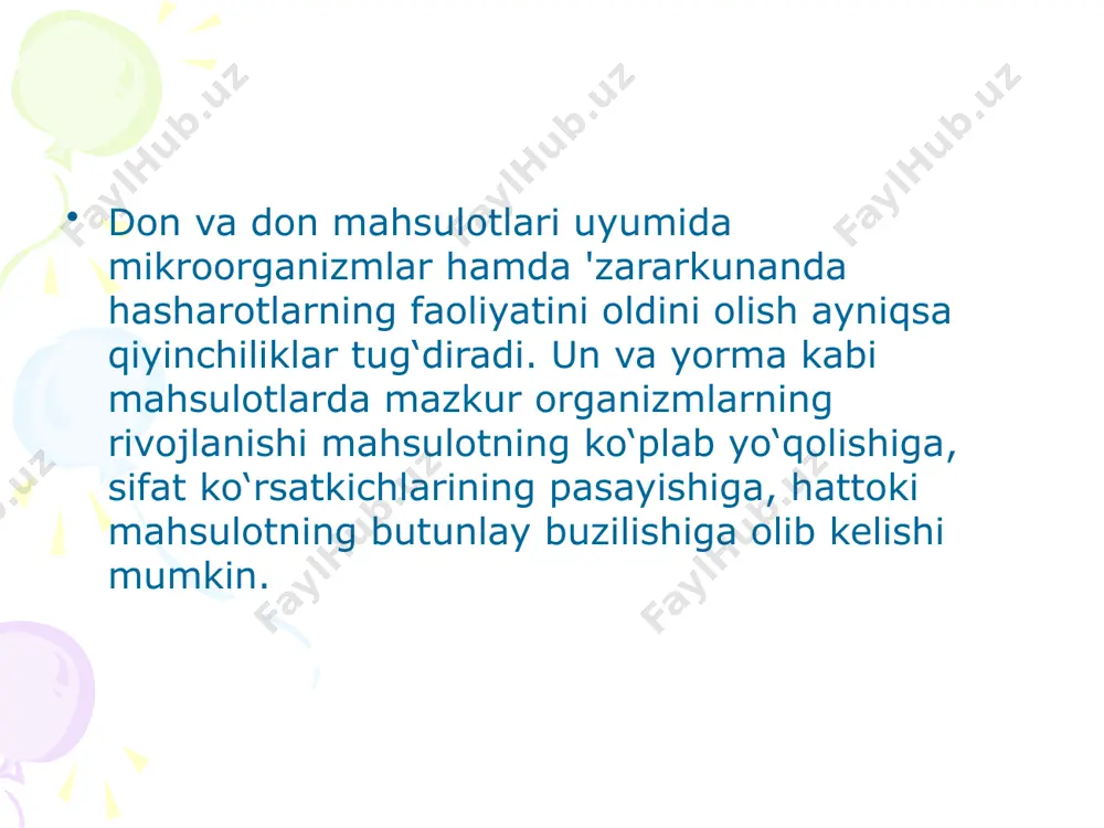 da hisoblanadi. hisoblashda donni devorning ichki yuzasiga ishqalanishi hisobga olinib, bu ko`ndalang kesim yuzasi o`lchamlarini qisqartirish va qurilish materiallarini tejash imkoniyatini beradi. 12 don qatlamining devorlar yaqinidagi balandligi n ni hisobga olgan holda omborxonaning 1 m uzunligiga gorizontal bosimning qiymati quyidagicha bo`ladi. n, m 0,5 1,0 1,5 2,0 2,5 3,0 3,5 4,0 rt, t 0,08 0,29 0,62 1,04 1,56 2,16 2,85 3,60 13 poydevorga yomg’ir suvlarini kirishidan himoyalash uchun omborxona atrofida kengligi 1,0 m bo`lgan asfal’t yo`lakcha va suvni olib kyetish uchun ariqcha ko`zda tutiladi. omborxona g’isht devorining kostruktsiyasi: 1-gidroizolyatsion qatlam; 2-harsangli fundament; 3-qum yostiq. 14 don omborxonalarining konstruktsiyalari don omborxonalarining keng tarqalgan bir nechta konstruktsiyalari ishlab chiqilgan. quruq va bo`z erlarni o`zlashtirish vaqtlarida sig’imi 3200 t bo`lgan, omborxona qurilgan (10-rasm). ularni afzalliklariga konstruktsiyasini soddaligi, turli mahalliy materallardan foydalanishi imkoniyati, hamda harakatlanuvchi va statsionar mexanizatsiyadan foydalanishi kirgan. 15 omborxonaning asosiy o`lchamlari omborxonaning asosiy o`lchamlari shunday tanlanganki, bunda standart o`lchamdagi o`rmon …