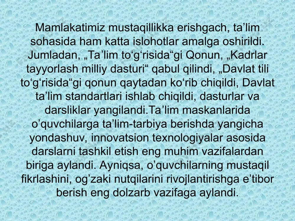 a mavzusini, uning obrazlari, sujet chizig’i, kompozitsiyasi va tasviriy vositalarini tushuntirish; o’quvchilarning hayotiy tajribasiga asoslanish boshlang’ich sinflarda badiiy asar ustida ishlash bosqichlari birinchi bosqich (birinchi sintez) bu bosqichning asosiy vazifasi matnni yaxlit idrok etish asosida asarning aniq mazmuni va tasviriy ifoda vositalari bilan tanishtirishdan iborat. ikkinchi bosqich (analiz) bu bosqichda voqealar rivojining bog’lanishini belglash, ishtirok etuvchi shaxslarning xulq-atvori va ularning asosiy xususiyatlarini aniqlash, asar kompozitsiyasini ochish, asarning aniq mazmunini tasviriy vositalar bilan birga tahlil qilish va qahramonlar xulq-atvorini baholashdan iborat. uchinchi bosqich ( ikkinchi sintez) bu bosqich ishtirok etuvchi shaxslarning muhim xususiyatlarini umumlashtirish, qahramonlarni baholash va taqqoslash asar g’oyasini aniqlashdan iborat. asarni o’qishga tayyorgarlik asar tahlili jarayonida matn ustida ishlashning quyidagi turlaridan foydalaniladi 1. tanlab o’qish 2. o’quvchilarning berilgan savol va topshiriqlarga o’z so’zlari bilan javob berishi 3. o’quvchilarni savol tuzishga o’rgatish 4. matnni tasvirlash 5. asar rejasini tuzish e’tiboringiz uchun rahmat!